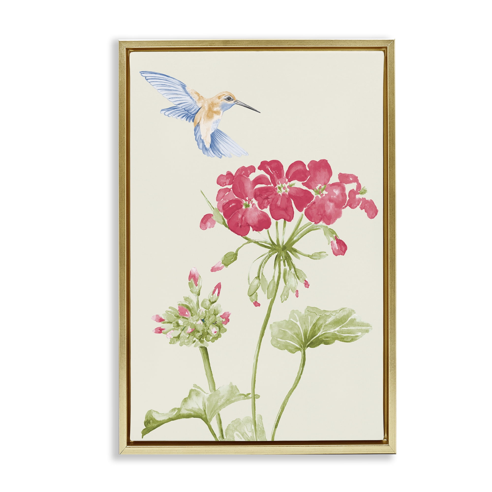Stupell Industries Geraniums & Hummingbird Botanical & Floral Painting Gold Floater Framed Art Print Wall Art, 17 x 25