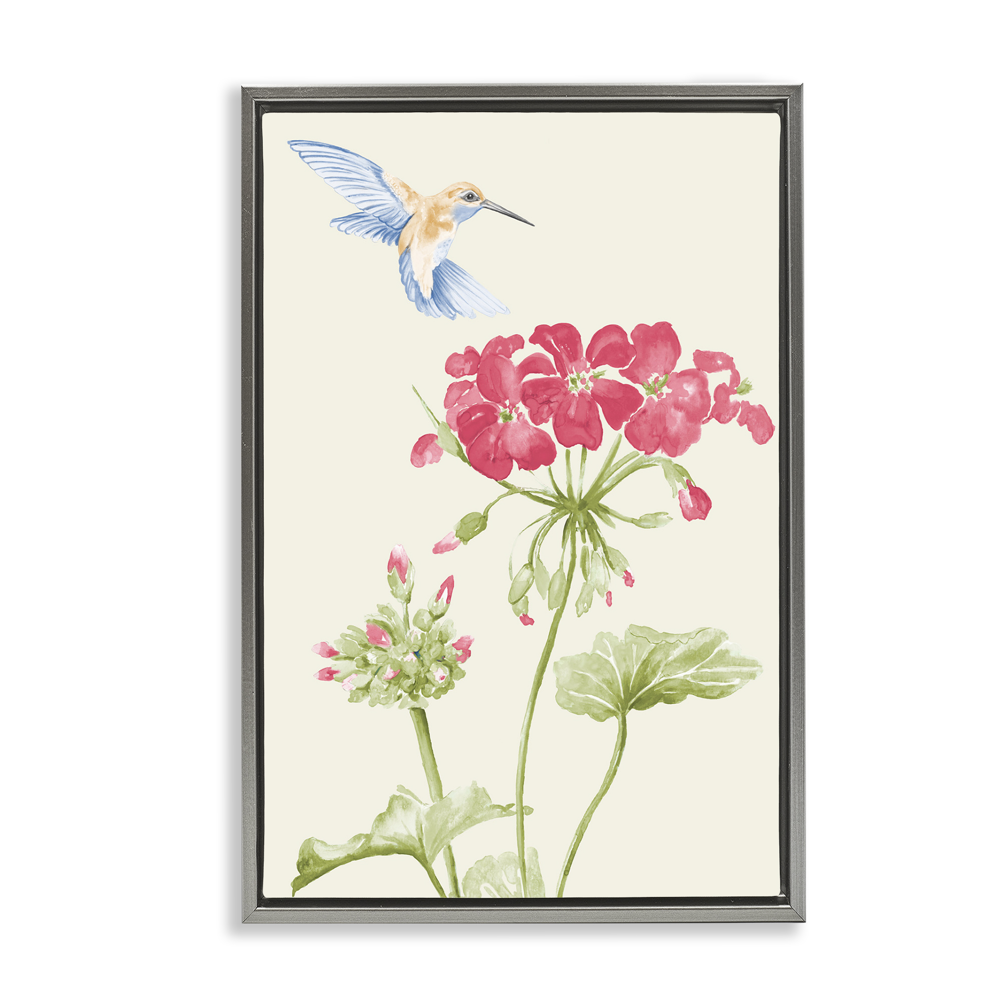 Stupell Industries Geraniums & Hummingbird Botanical & Floral Painting Gray Floater Framed Art Print Wall Art, 17 x 25