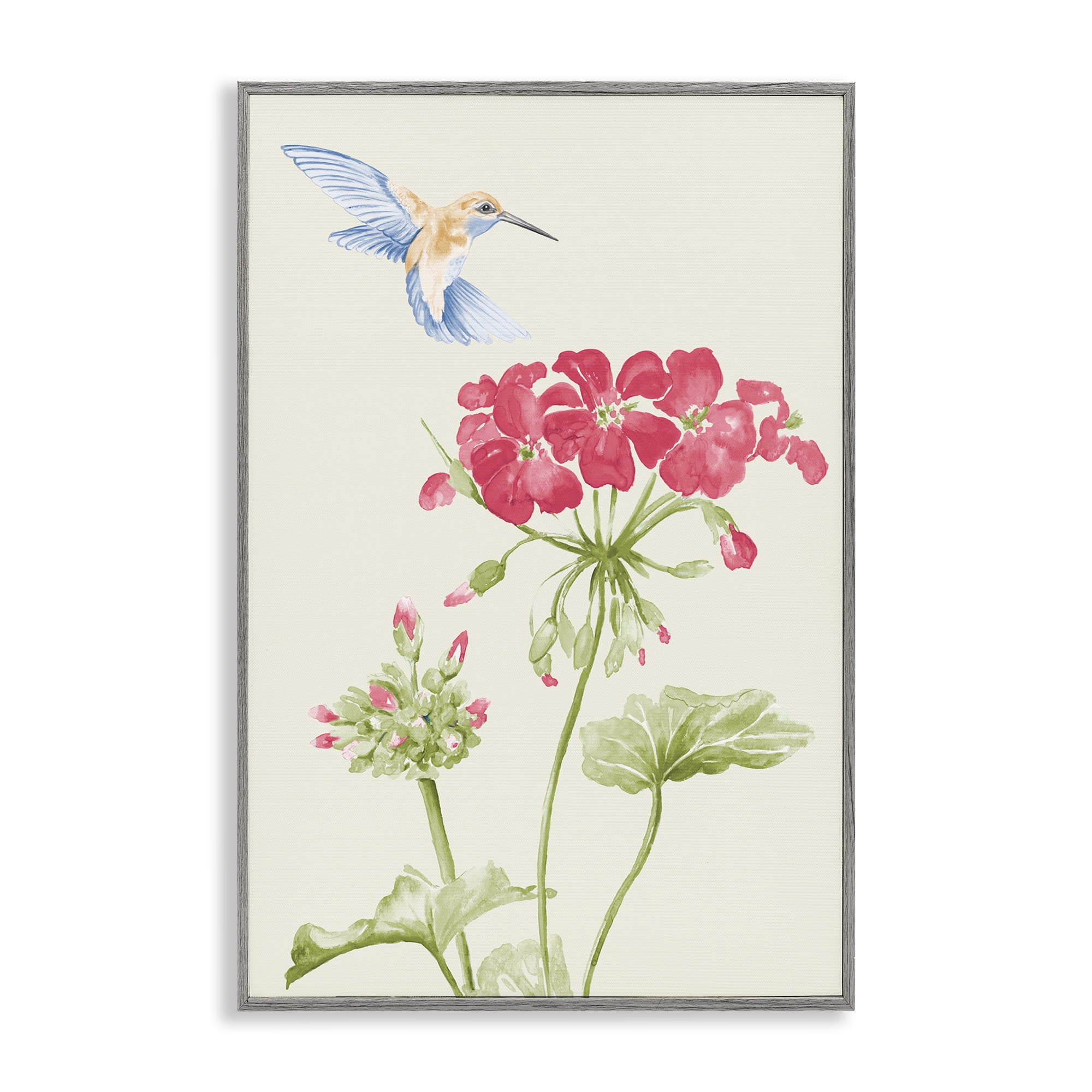 Stupell Industries Geraniums & Hummingbird Botanical & Floral Painting Gray Framed Art Print Wall Art, 12 x 18