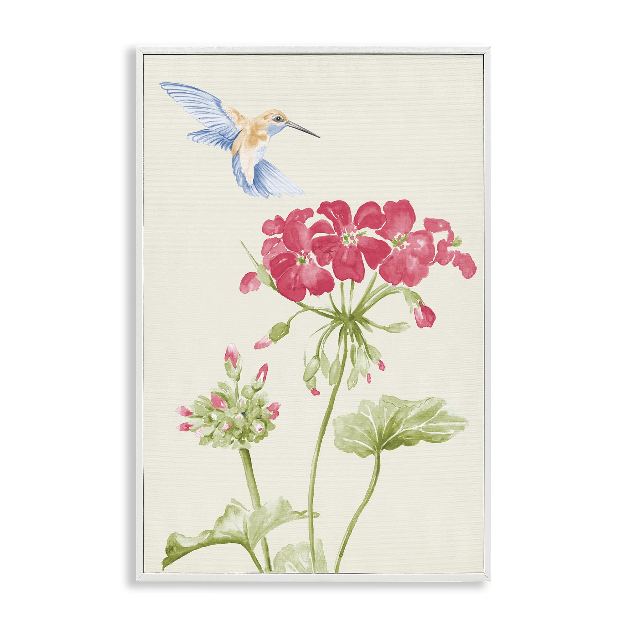 Stupell Industries Geraniums & Hummingbird Botanical & Floral Painting White Framed Art Print Wall Art, 12 x 18