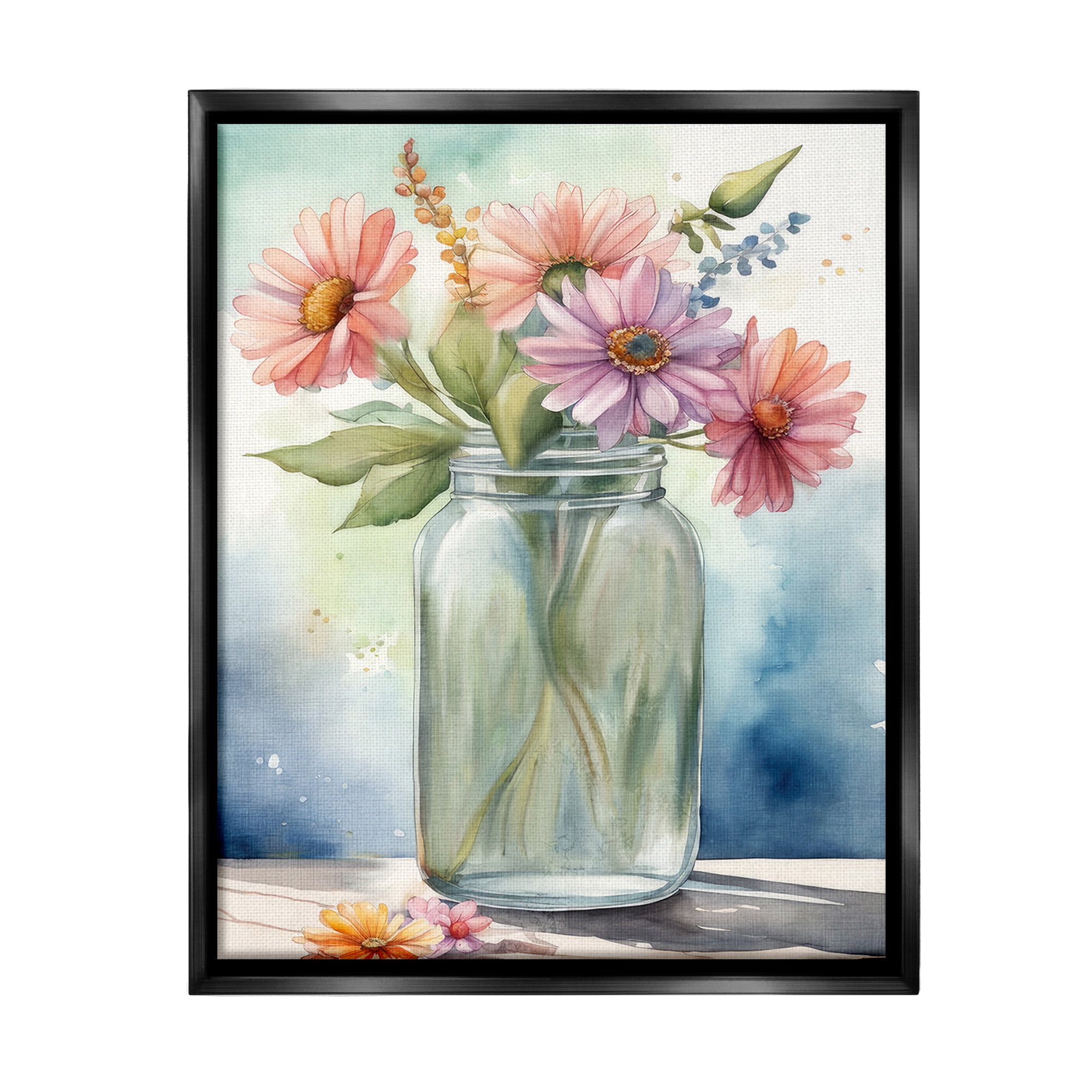 Stupell Industries Gerbera Daisies in Jar Botanical & Floral Painting Black Floater Framed Canvas Art Print Wall Art, 17 x 21