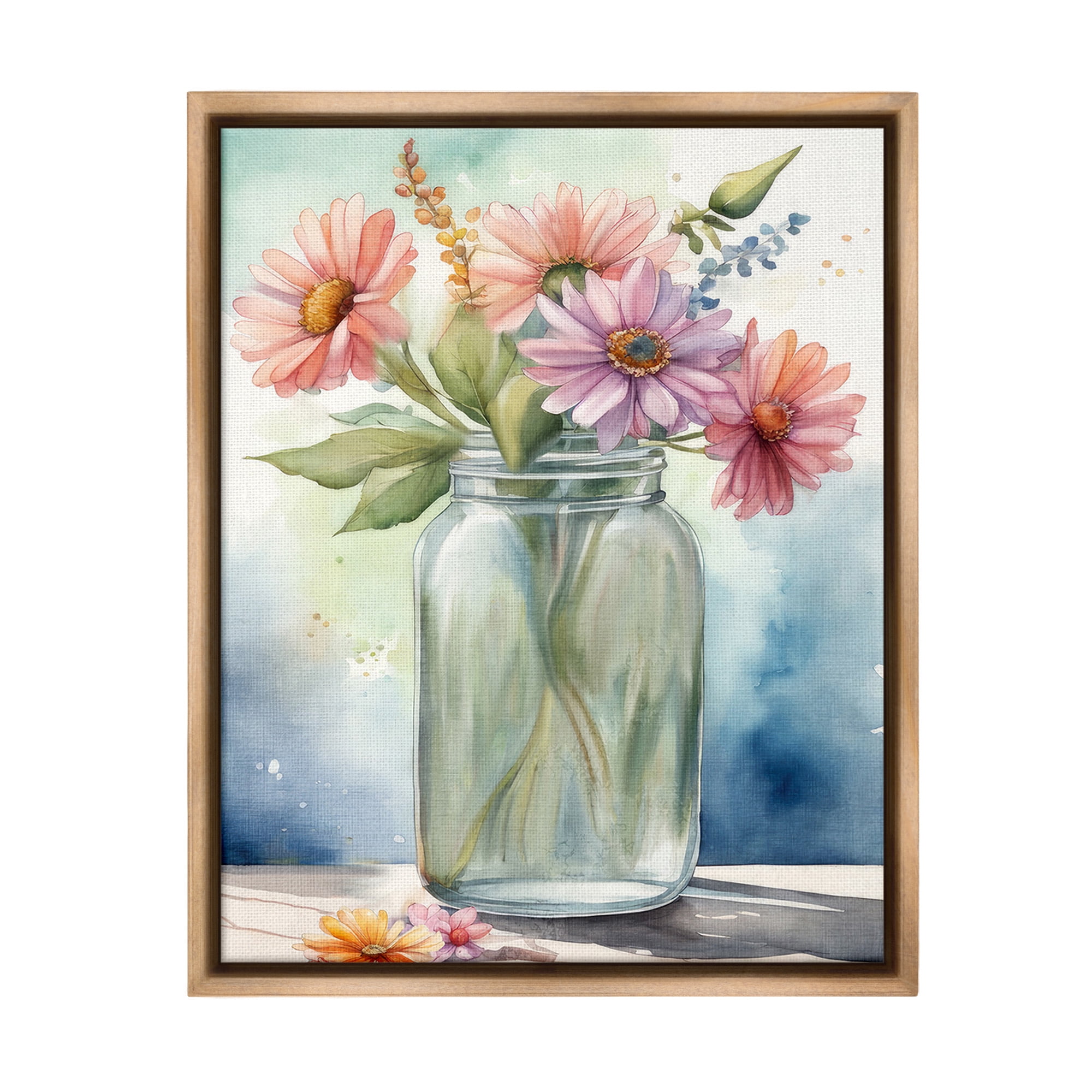 Stupell Industries Gerbera Daisies in Jar Botanical & Floral Painting Brown Floater Framed Canvas Art Print Wall Art, 25 x 31