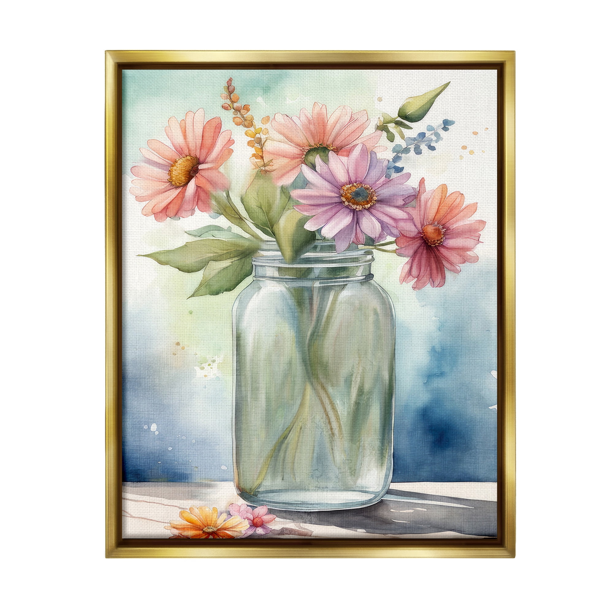 Stupell Industries Gerbera Daisies in Jar Botanical & Floral Painting Gold Floater Framed Canvas Art Print Wall Art, 25 x 31