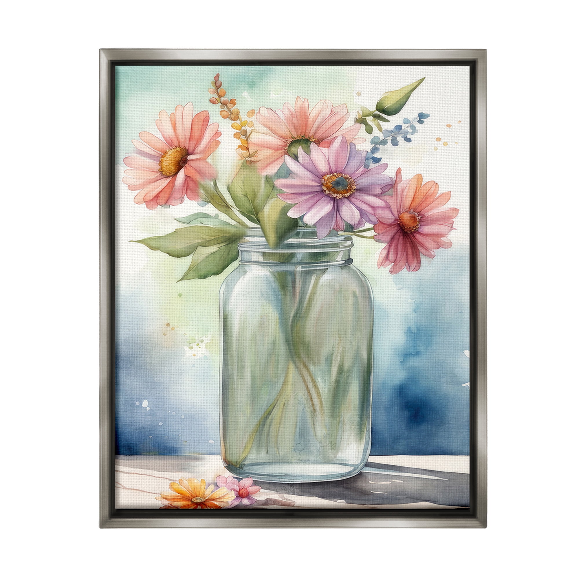 Stupell Industries Gerbera Daisies in Jar Botanical & Floral Painting Gray Floater Framed Canvas Art Print Wall Art, 17 x 21