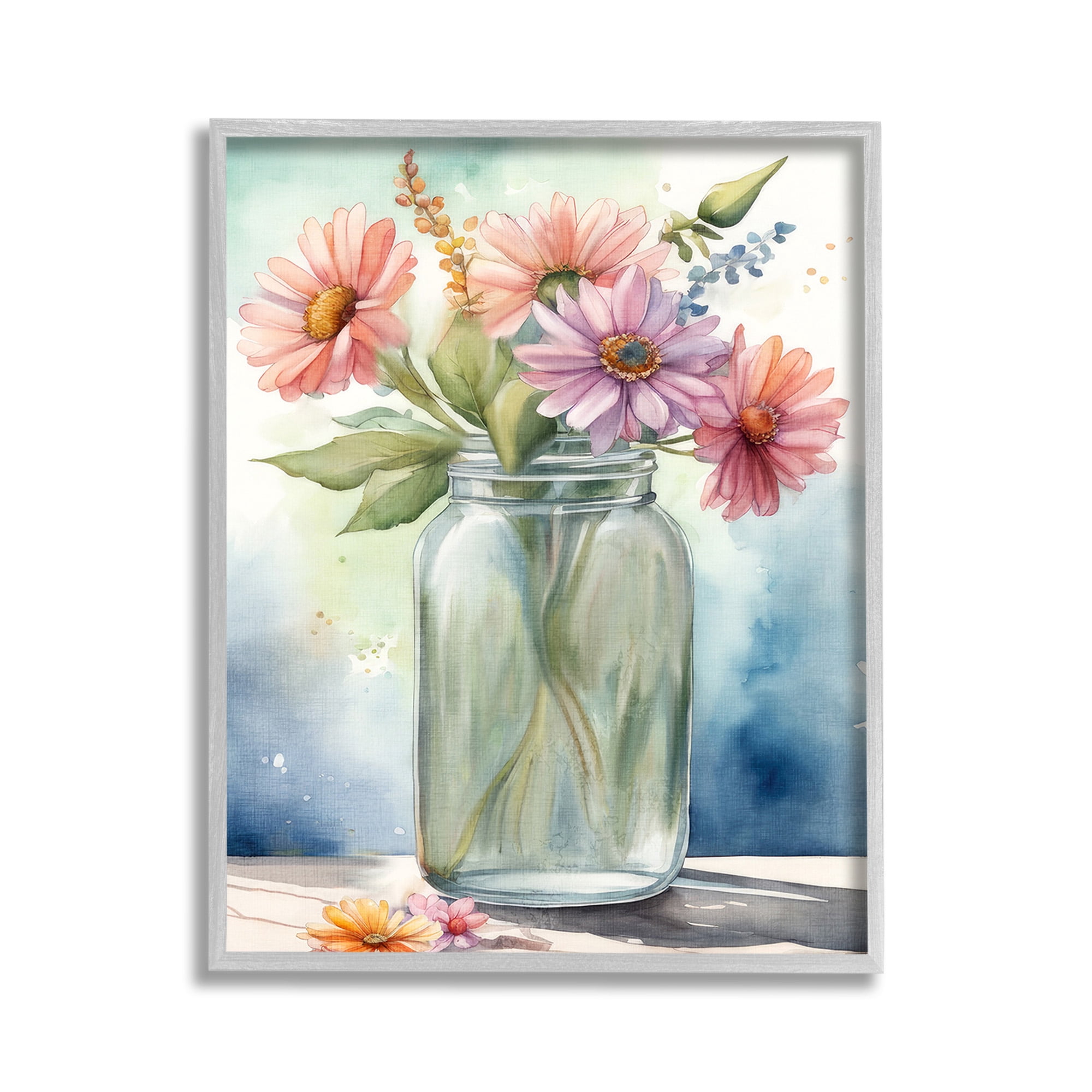 Stupell Industries Gerbera Daisies in Jar Botanical & Floral Painting Gray Framed Art Print Wall Art, 11 x 14