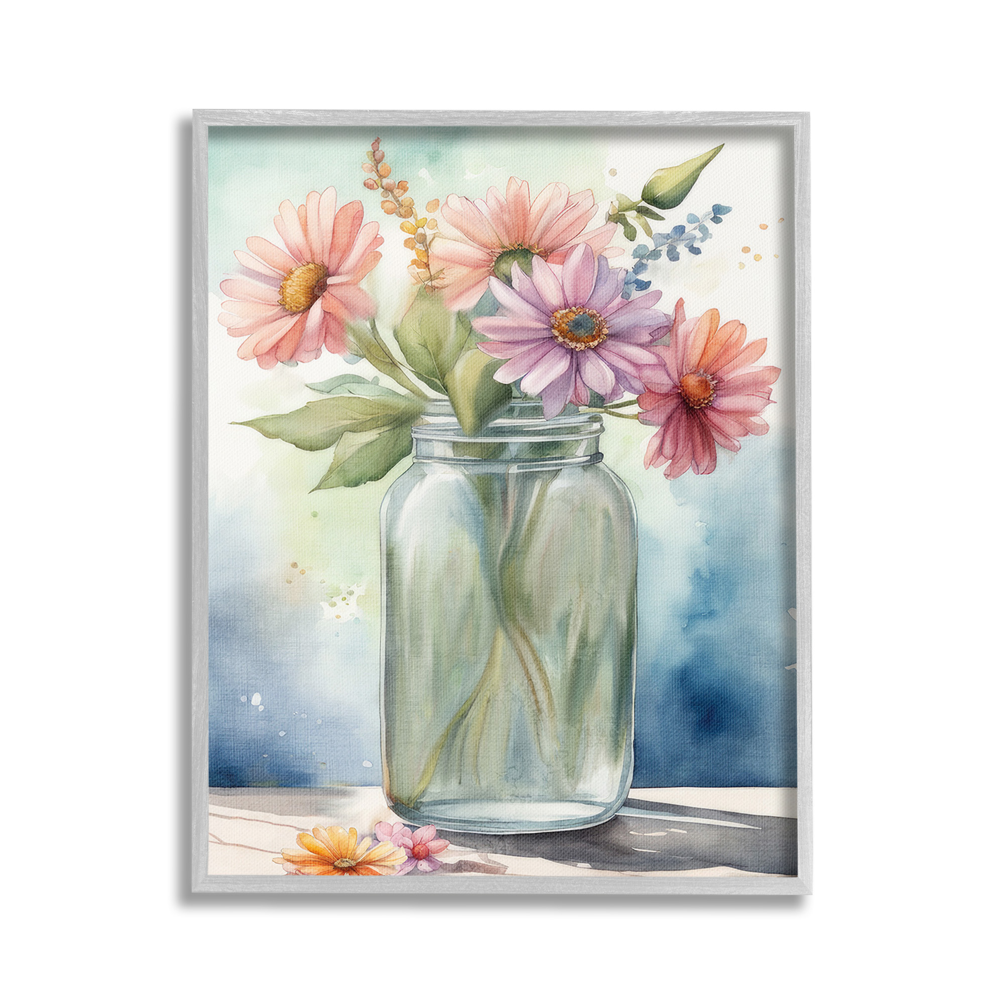 Stupell Industries Gerbera Daisies in Jar Botanical & Floral Painting Gray Framed Art Print Wall Art, 16 x 20