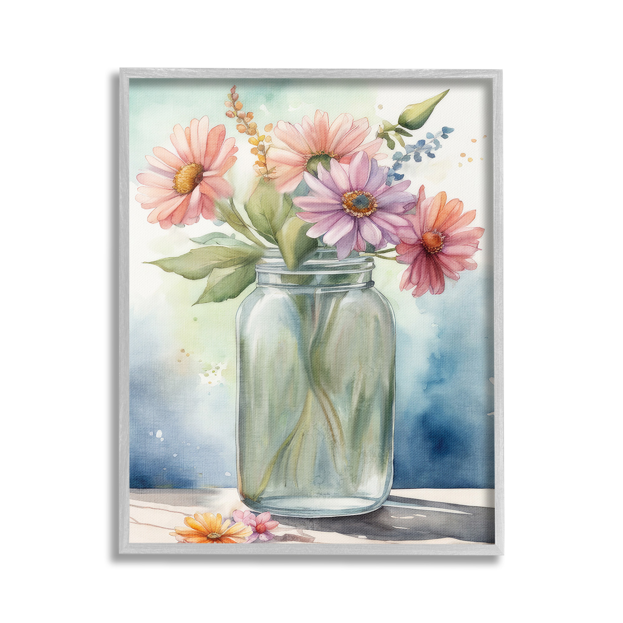 Stupell Industries Gerbera Daisies in Jar Botanical & Floral Painting Gray Framed Art Print Wall Art, 24 x 30