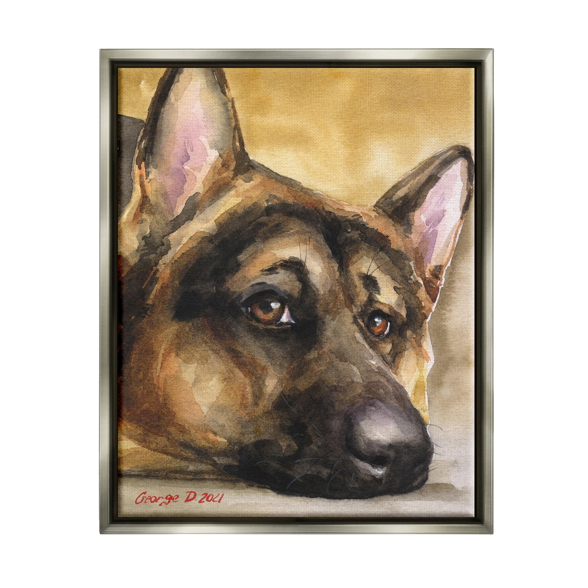Stupell Industries German Shepherd Dog Sympathetic Gazing Animal Portrait Painting Luster Gray Floating Framed Canvas Print Wall Art, Design by George Dyachenko