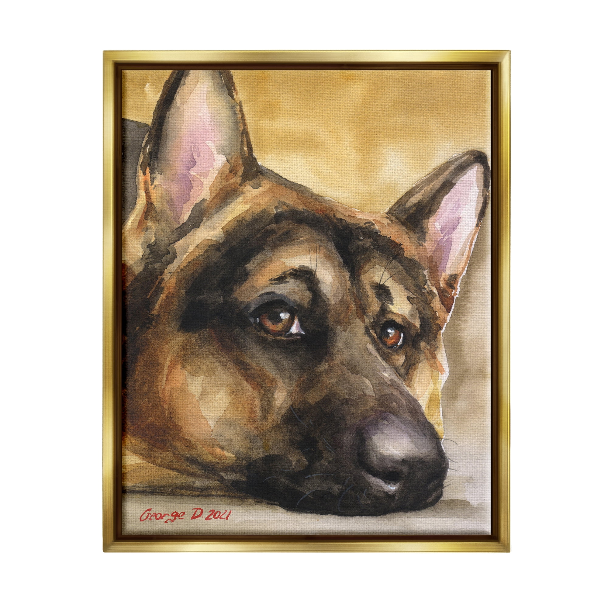 Stupell Industries German Shepherd Dog Sympathetic Gazing Animal Portrait Painting Metallic Gold Floating Framed Canvas Print Wall Art, Design by George Dyachenko