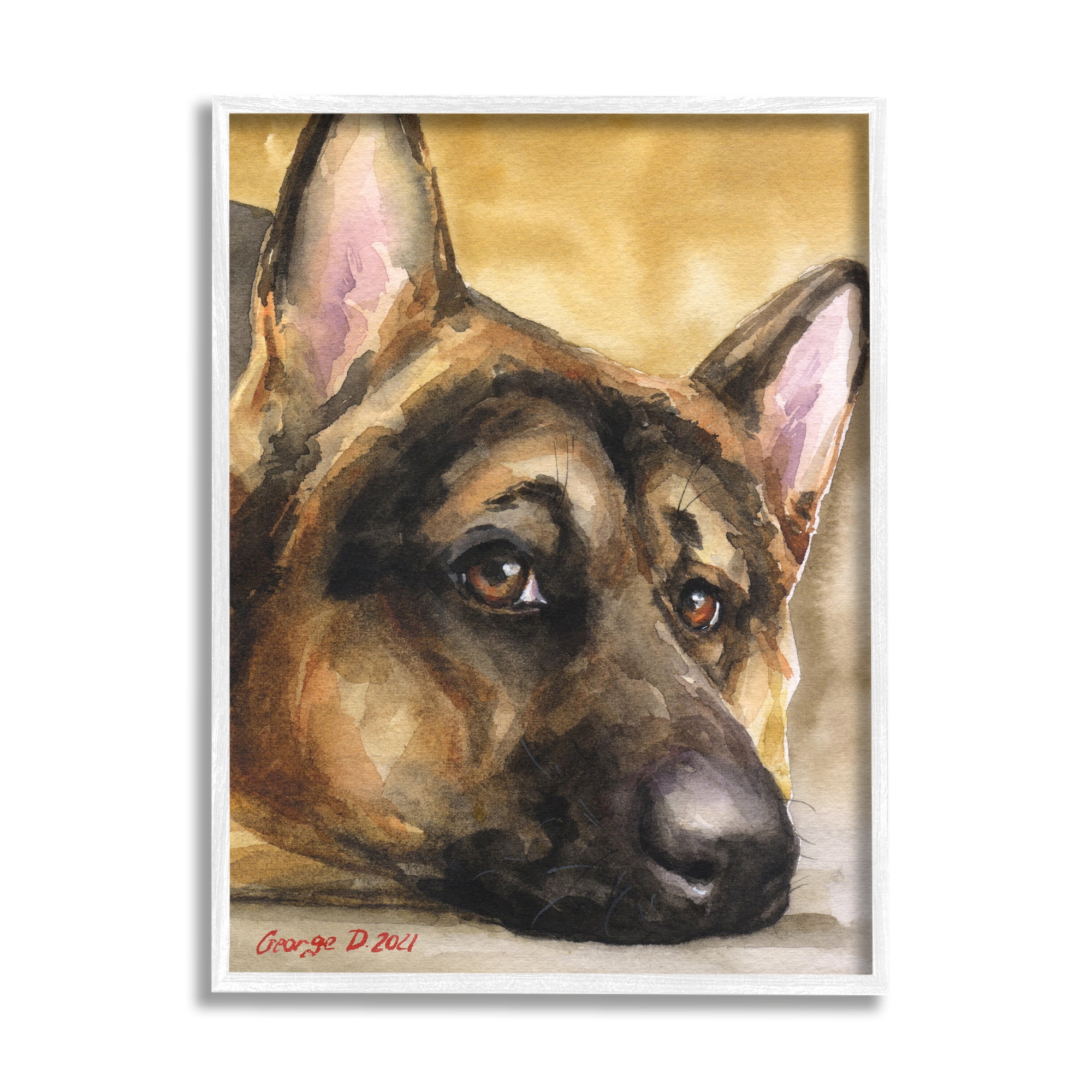 Stupell Industries German Shepherd Dog Sympathetic Gazing Animal Portrait Painting White Framed Art Print Wall Art, Design by George Dyachenko