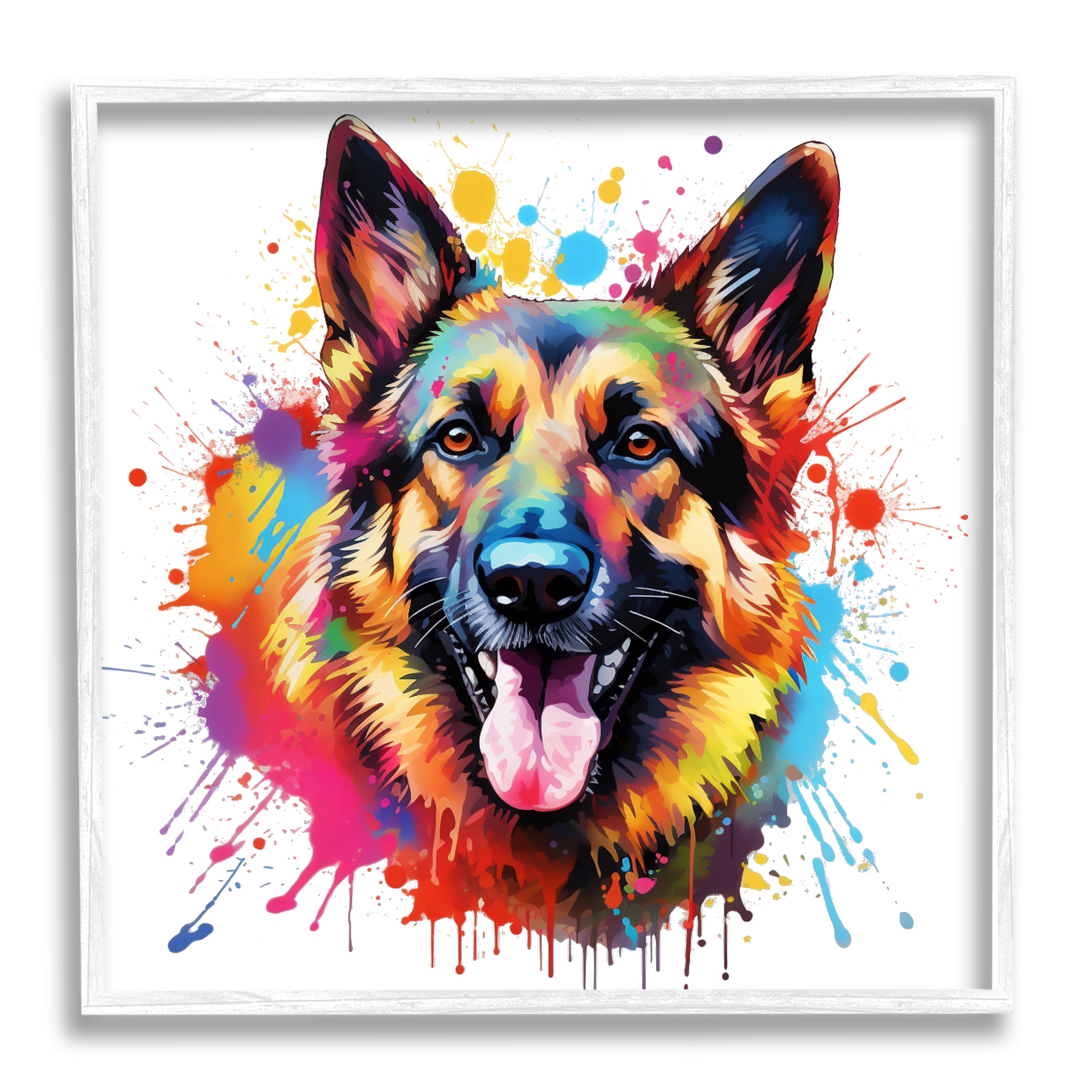 Stupell Industries German Shepherd Paint Splash Animals & Insects Painting White Framed Art Print Wall Art, 17 x 17