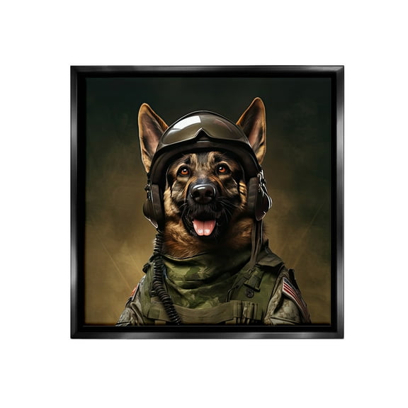 Stupell Industries German Shepherd in Uniform Animals & Insects Painting Black Floater Framed Canvas Art Print Wall Art, 18 x 18