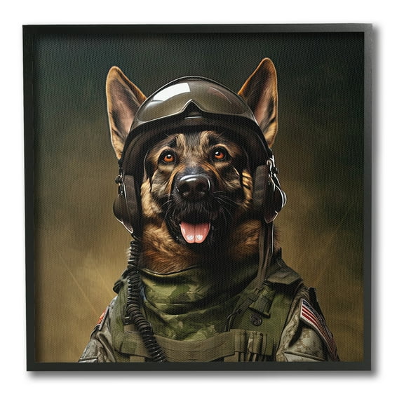 Stupell Industries German Shepherd in Uniform Animals & Insects Painting Black Framed Art Print Wall Art, 12 x 12