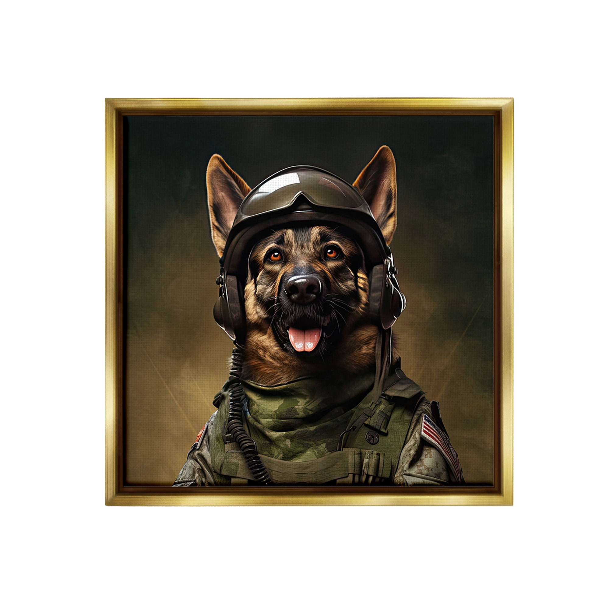 Stupell Industries German Shepherd in Uniform Animals & Insects Painting Gold Floater Framed Canvas Art Print Wall Art, 25 x 25