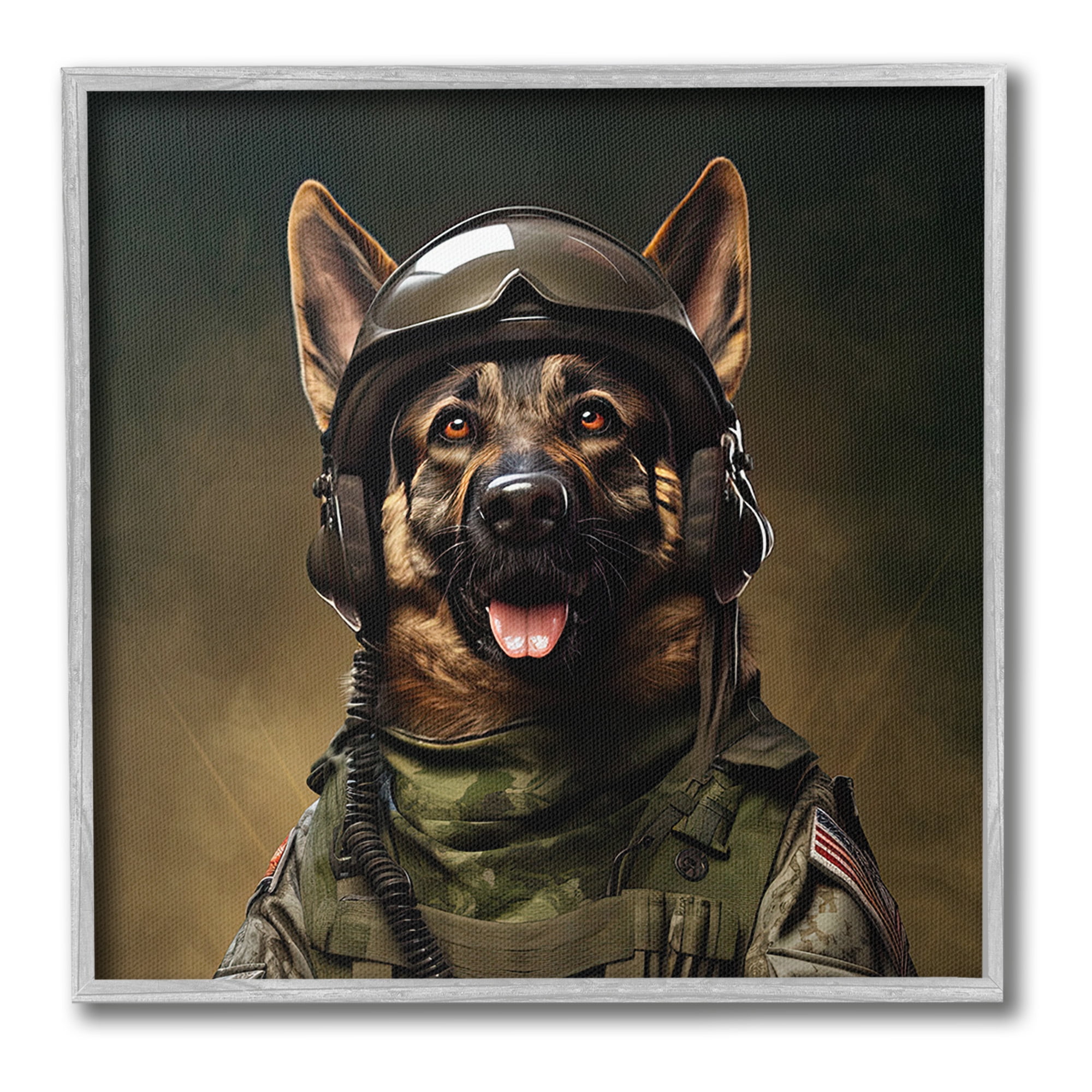 Stupell Industries German Shepherd in Uniform Animals & Insects Painting Gray Framed Art Print Wall Art, 12 x 12