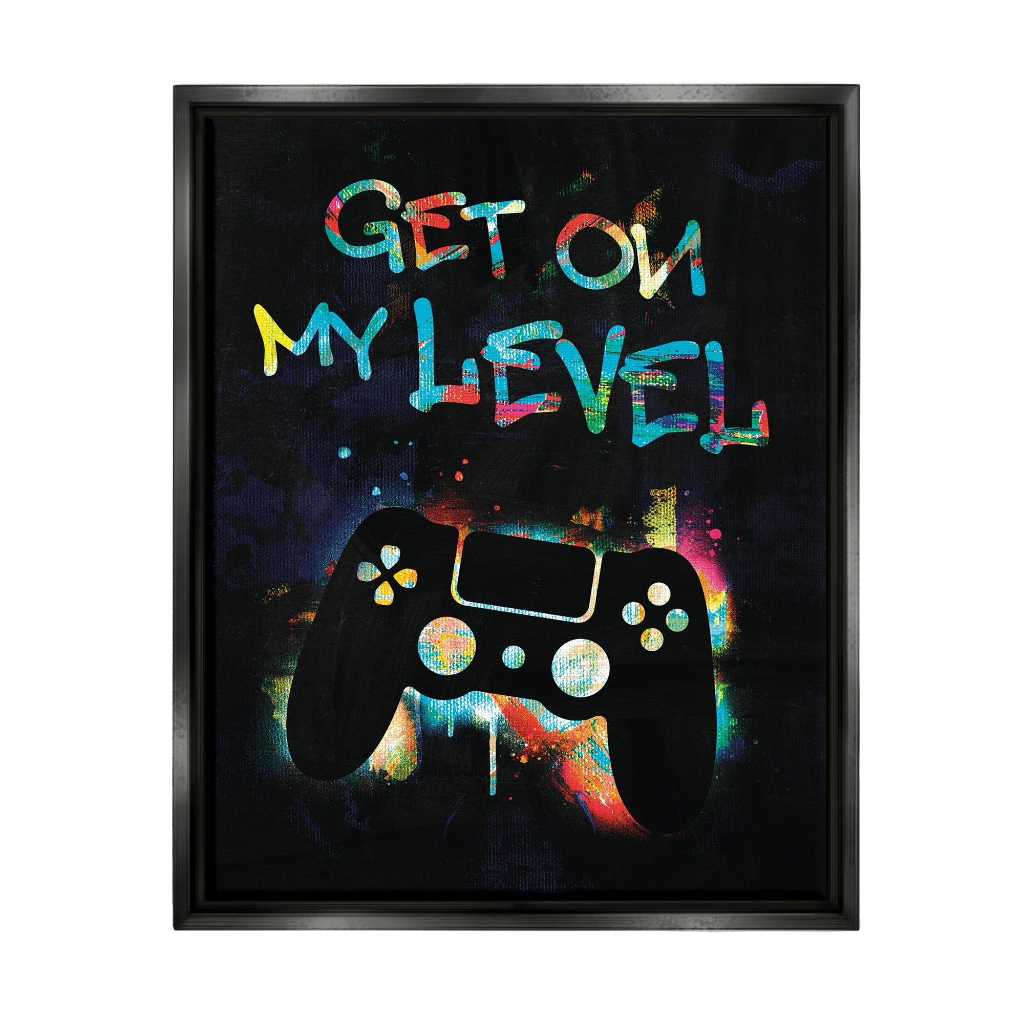 Stupell Industries Get On My Level Gaming Controller Neon Paint Splatter Graphic Art Jet Black Floating Framed Canvas Print Wall Art, Design by Victoria Barnes