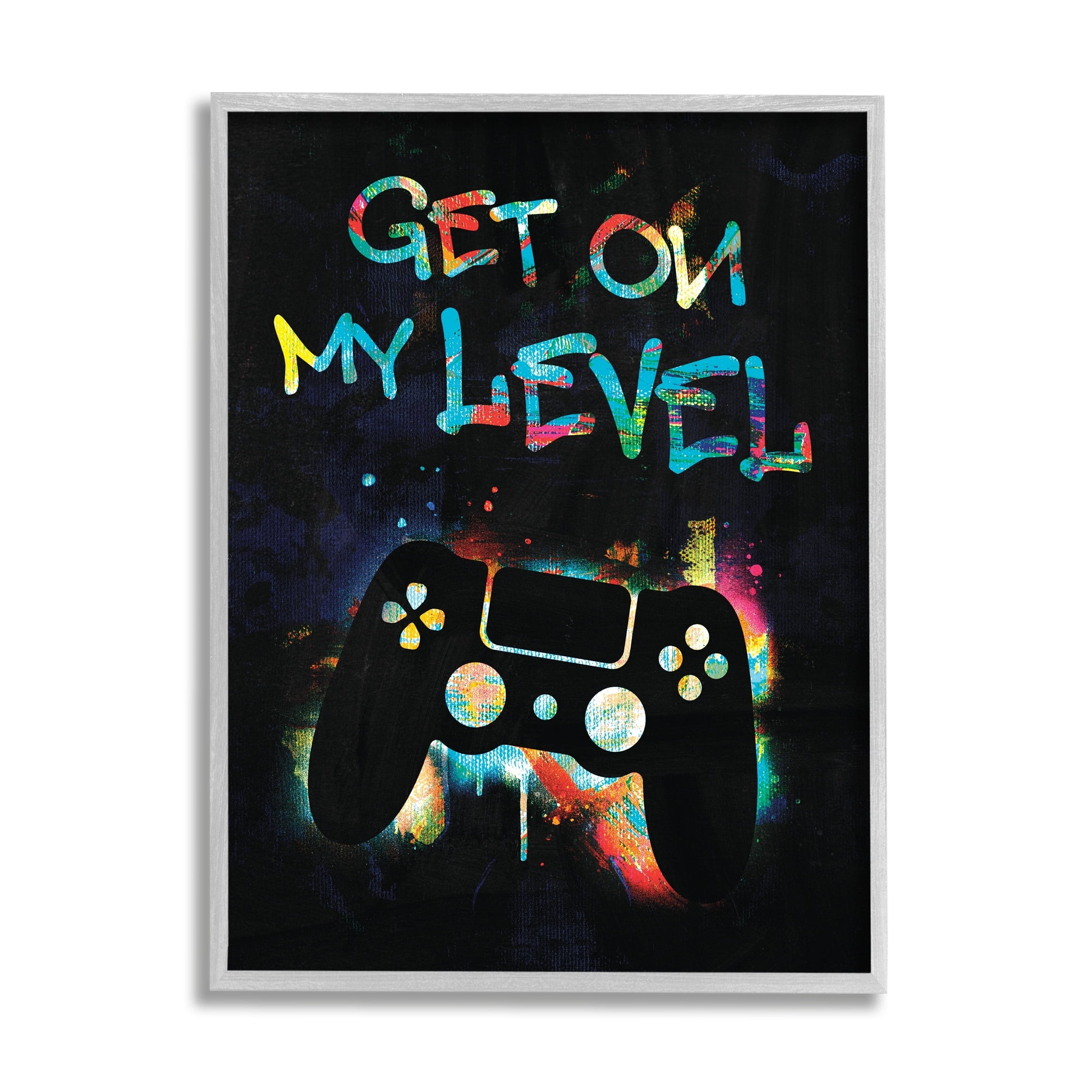 Stupell Industries Get On My Level Gaming Controller Neon Paint Splatter Graphic Art Gray Framed Art Print Wall Art, Design by Victoria Barnes
