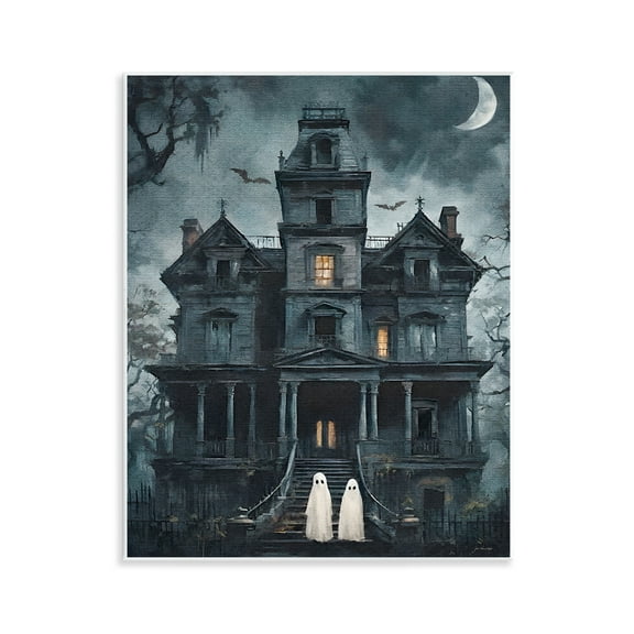 Stupell Industries Ghost Pair & Haunted Mansion Holiday Painting Unframed Art Print Wall Art, 11 x 14