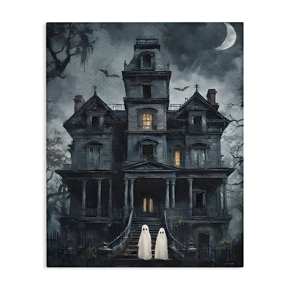 Stupell Industries Ghost Pair & Haunted Mansion Holiday Painting Wrapped Canvas Canvas Art Print Wall Art, 24 x 30