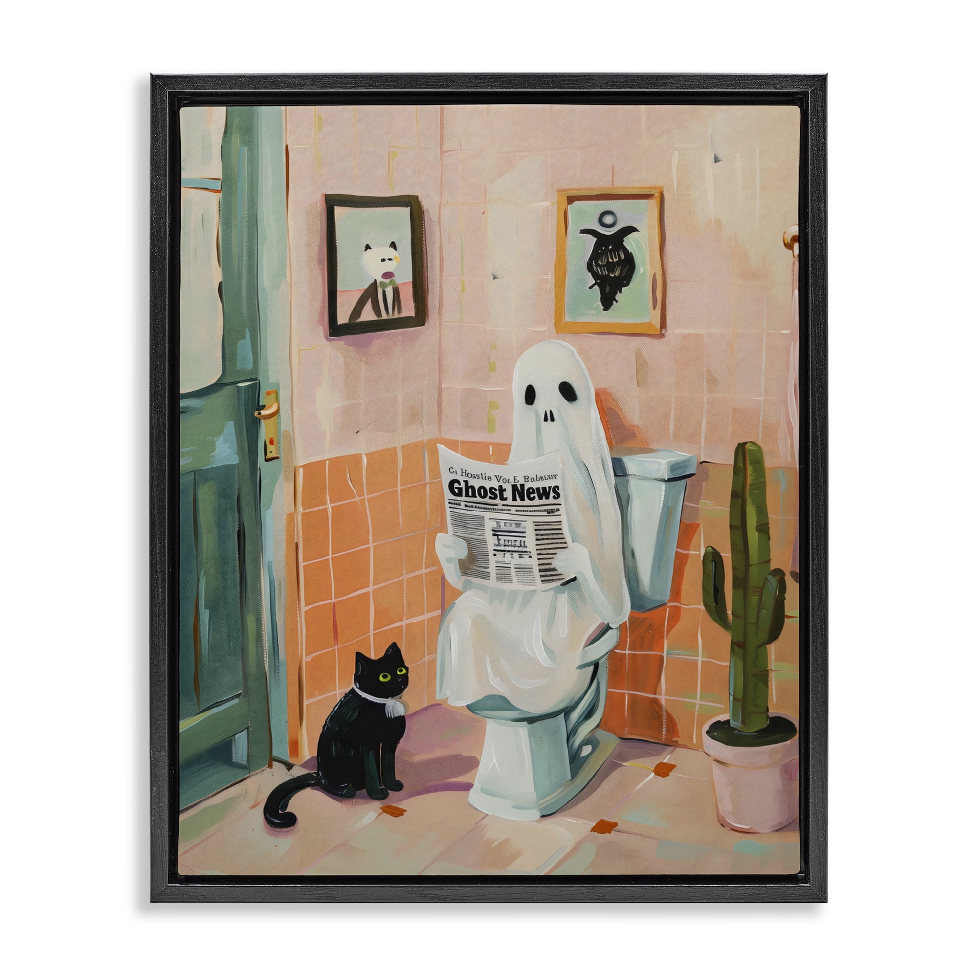 Stupell Industries Ghost Reading Newspaper Black Framed Floater Canvas Wall Art, design by The Prints Vibe