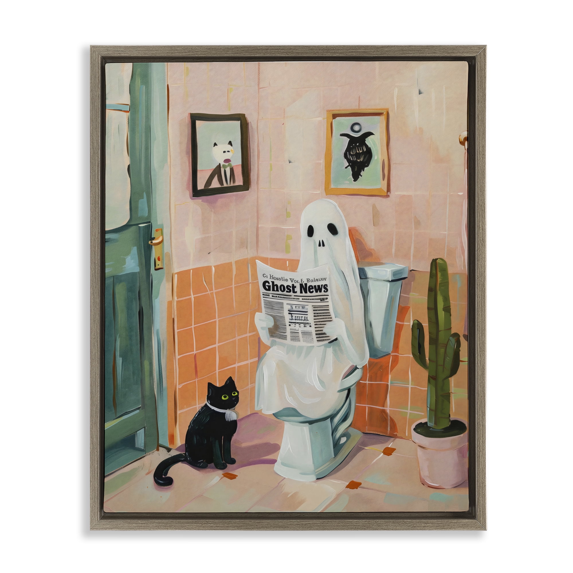 Stupell Industries Ghost Reading Newspaper Brown Framed Floater Canvas Wall Art, design by The Prints Vibe