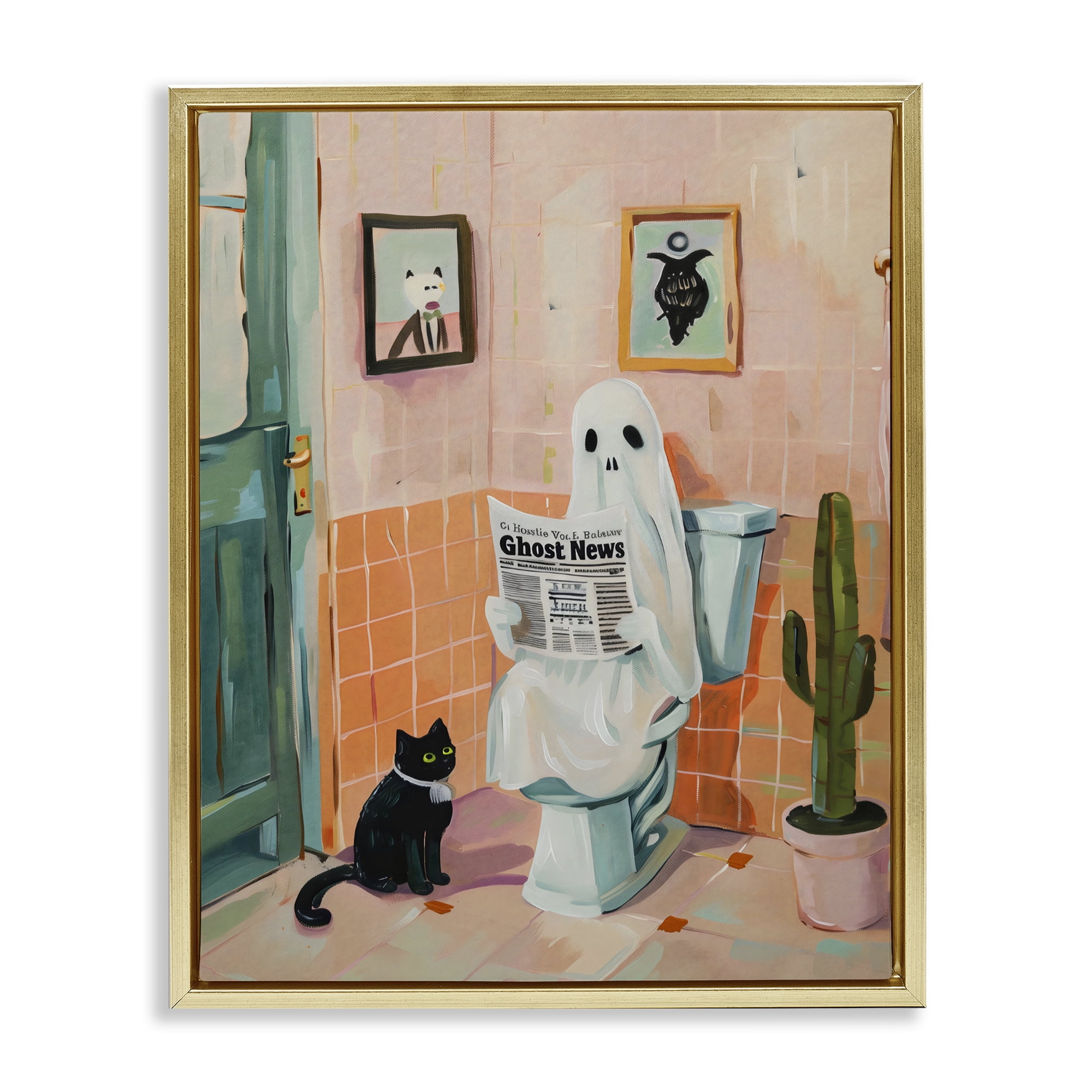 Stupell Industries Ghost Reading Newspaper Gold Framed Floater Canvas Wall Art, design by The Prints Vibe