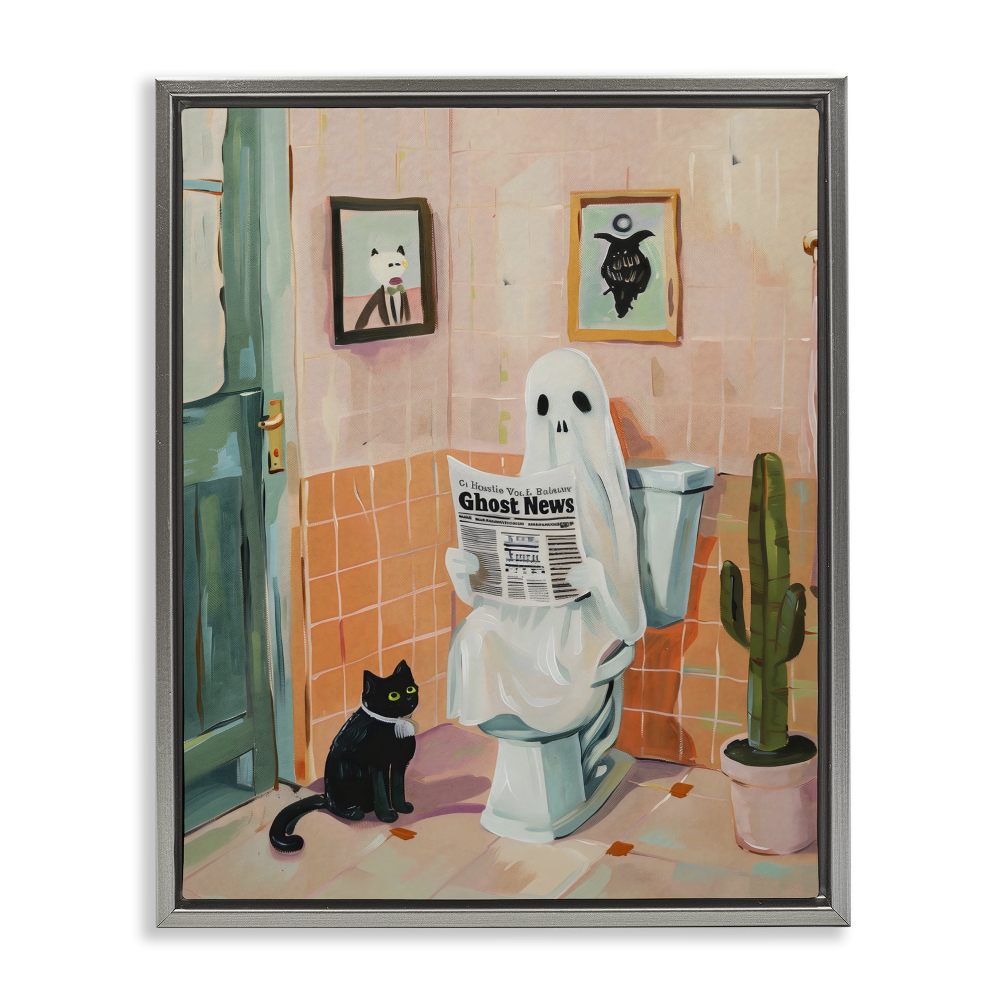 Stupell Industries Ghost Reading Newspaper Gray Framed Floater Canvas Wall Art, design by The Prints Vibe