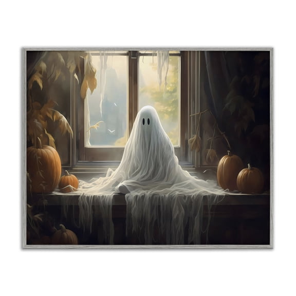 Ghost Sitting In Window Gray Framed Giclee Art, 14 x 11, Made In USA