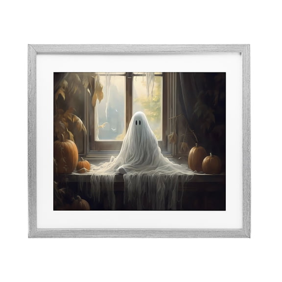 Ghost Sitting In Window Gray Framed Print Under Glass, 21 x 17, Made In USA