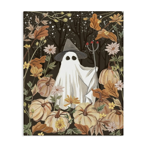 Stupell Industries Ghost in Floral Pumpkin Patch Holiday Painting Wrapped Canvas Canvas Art Print Wall Art, 16 x 20