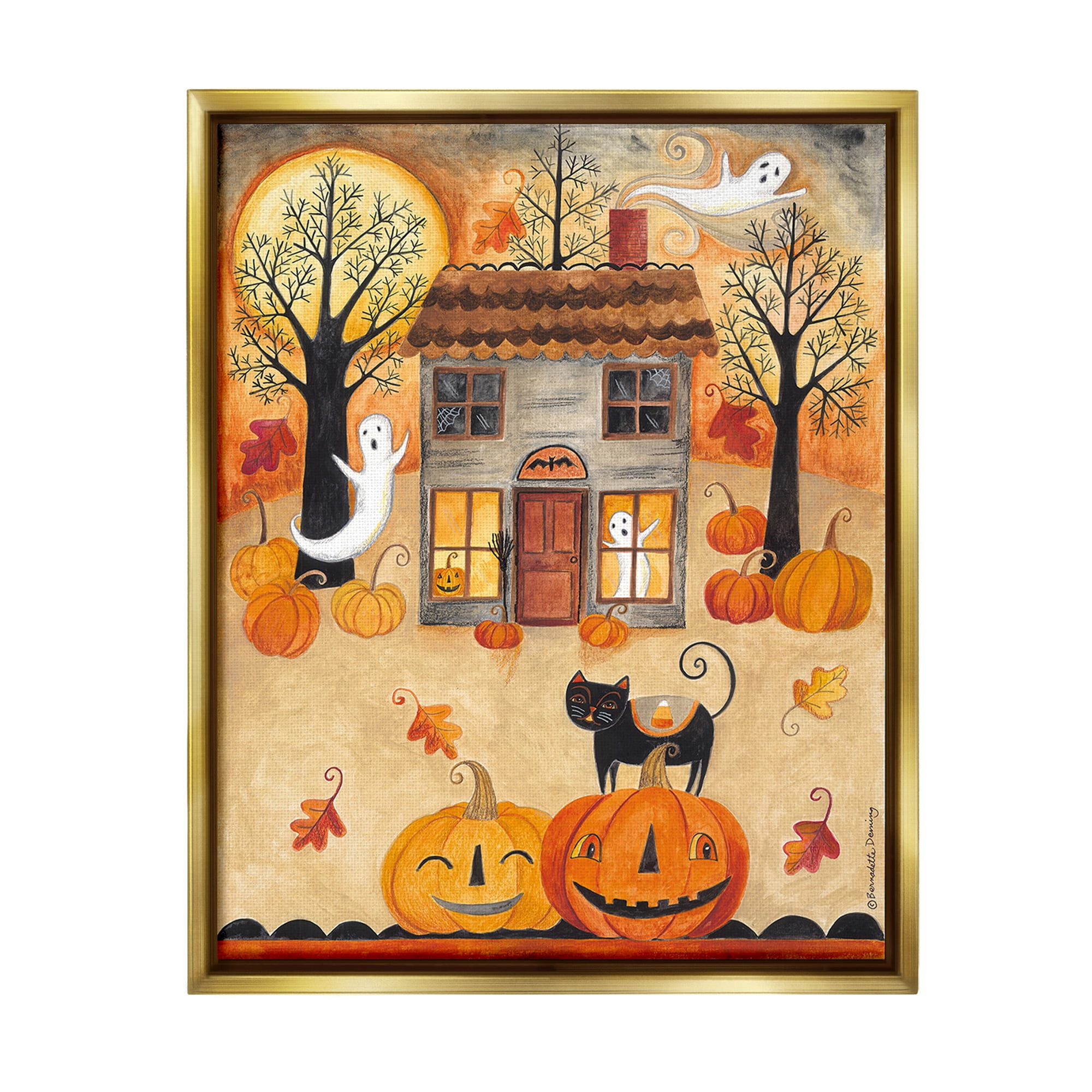 Stupell Industries Ghosts on Halloween Night Holiday Painting Gold Floater Framed Canvas Art Print Wall Art, 17 x 21