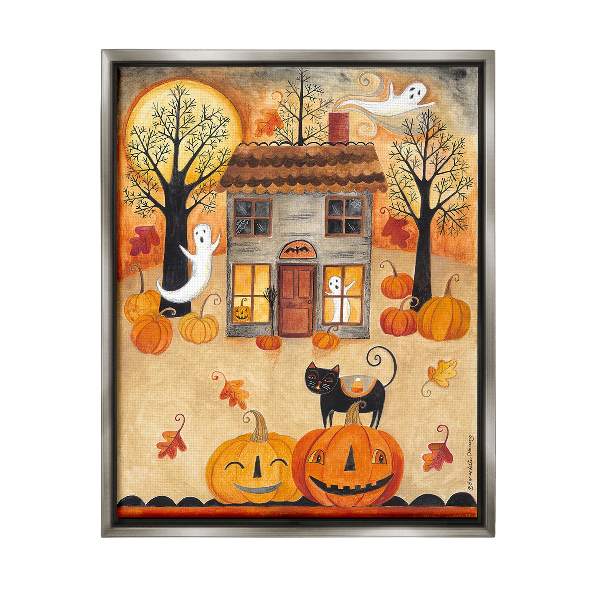 Stupell Industries Ghosts on Halloween Night Holiday Painting Gray Floater Framed Canvas Art Print Wall Art, 25 x 31
