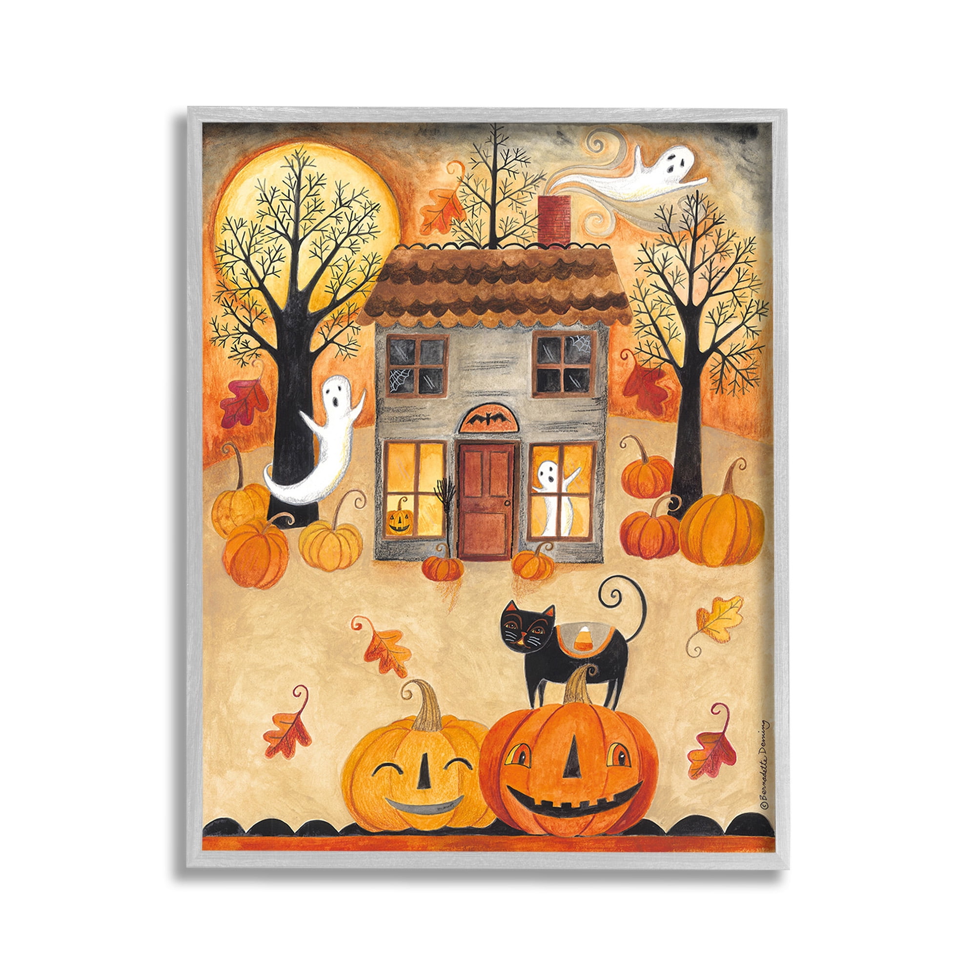 Stupell Industries Ghosts on Halloween Night Holiday Painting Gray Framed Art Print Wall Art, 11 x 14