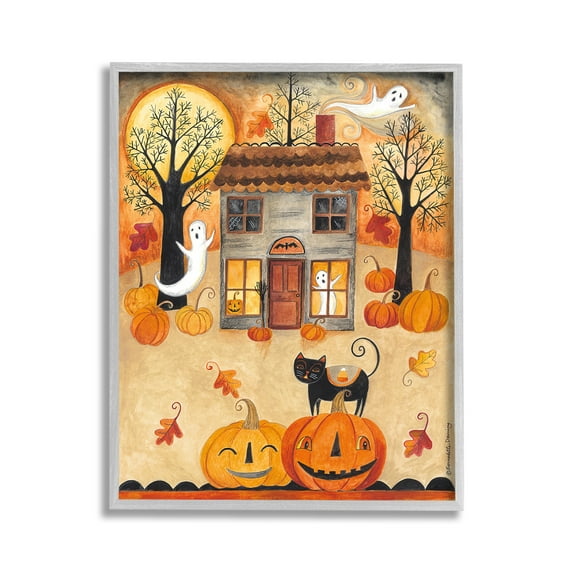 Stupell Industries Ghosts on Halloween Night Holiday Painting Gray Framed Art Print Wall Art, 11 x 14