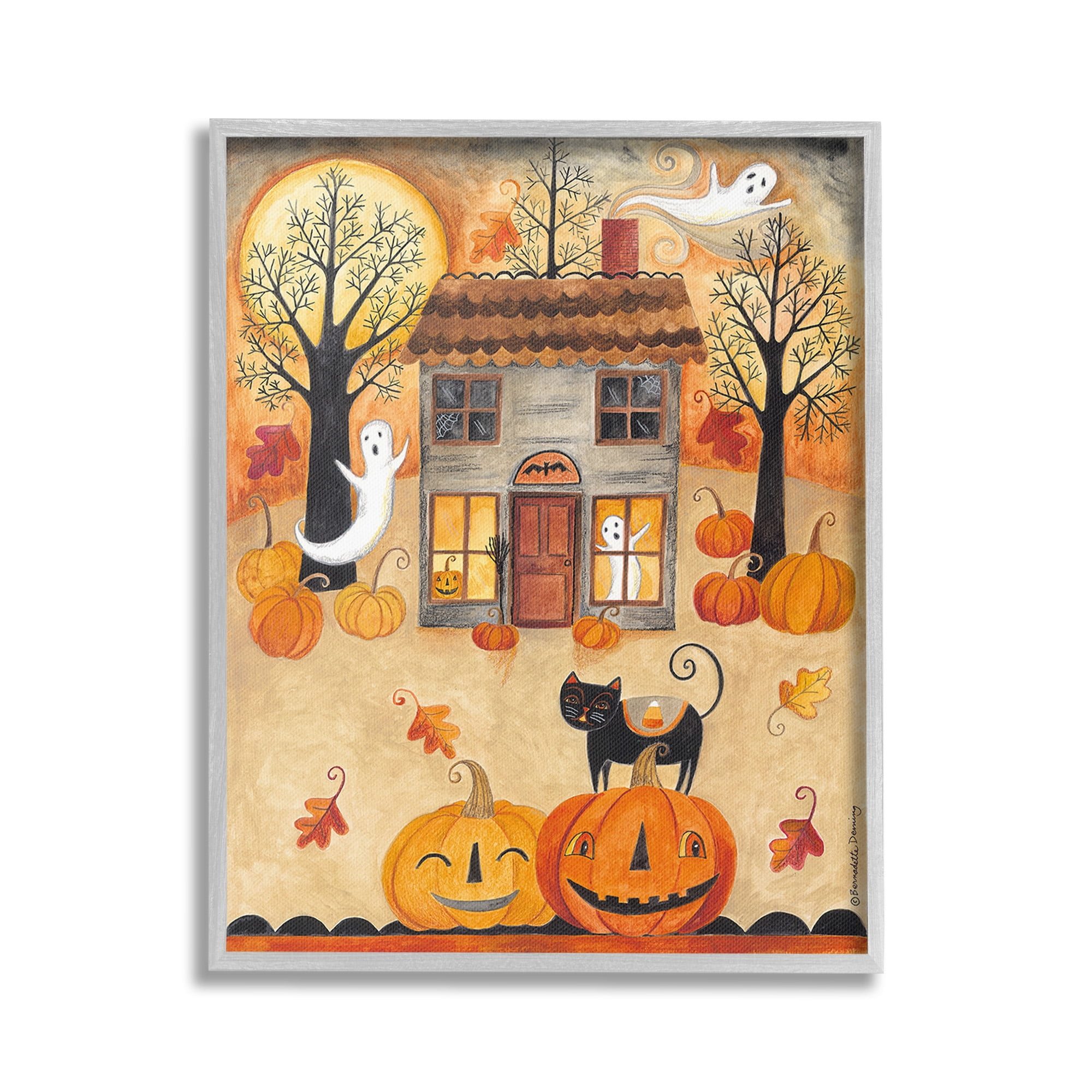 Stupell Industries Ghosts on Halloween Night Holiday Painting Gray Framed Art Print Wall Art, 16 x 20