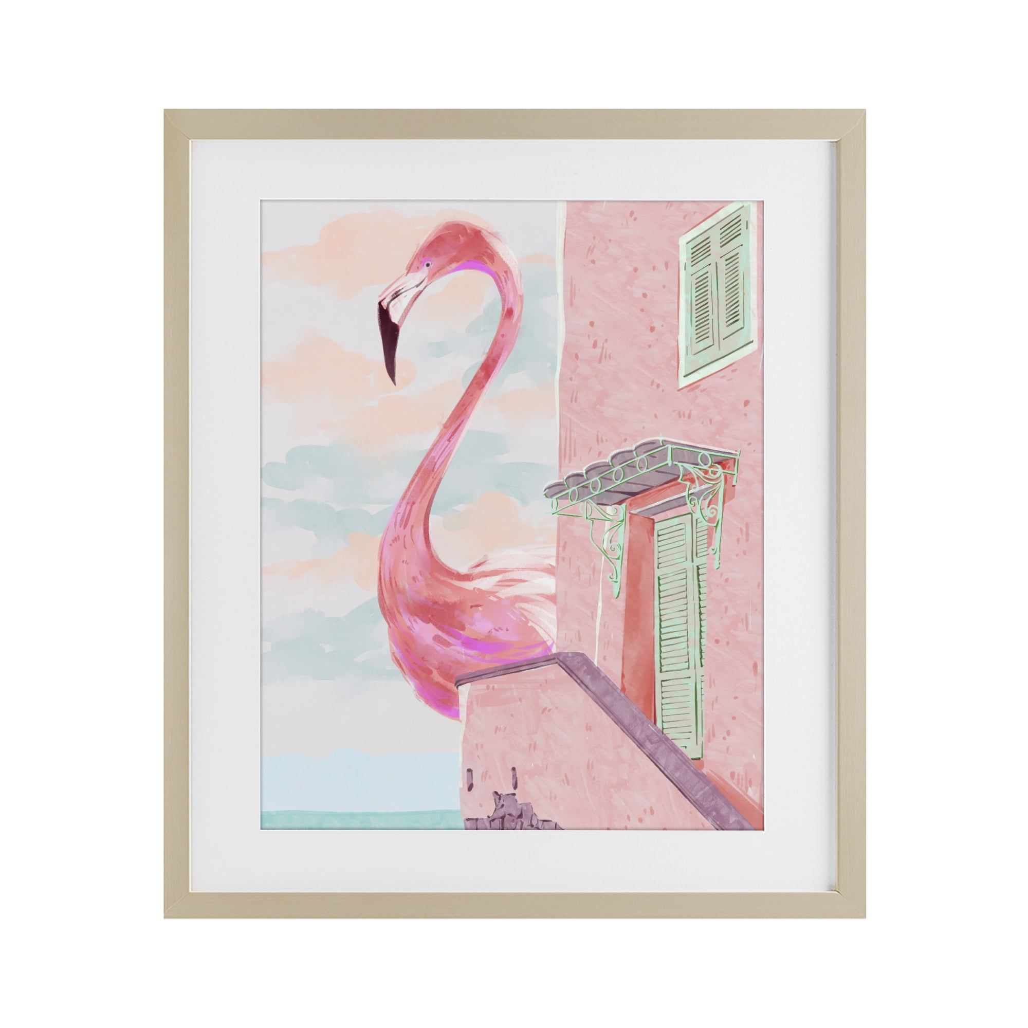 Stupell Industries Giant Flamingo with Seaside Balcony Birch Framed Print Under Glass, design by Ziwei Li