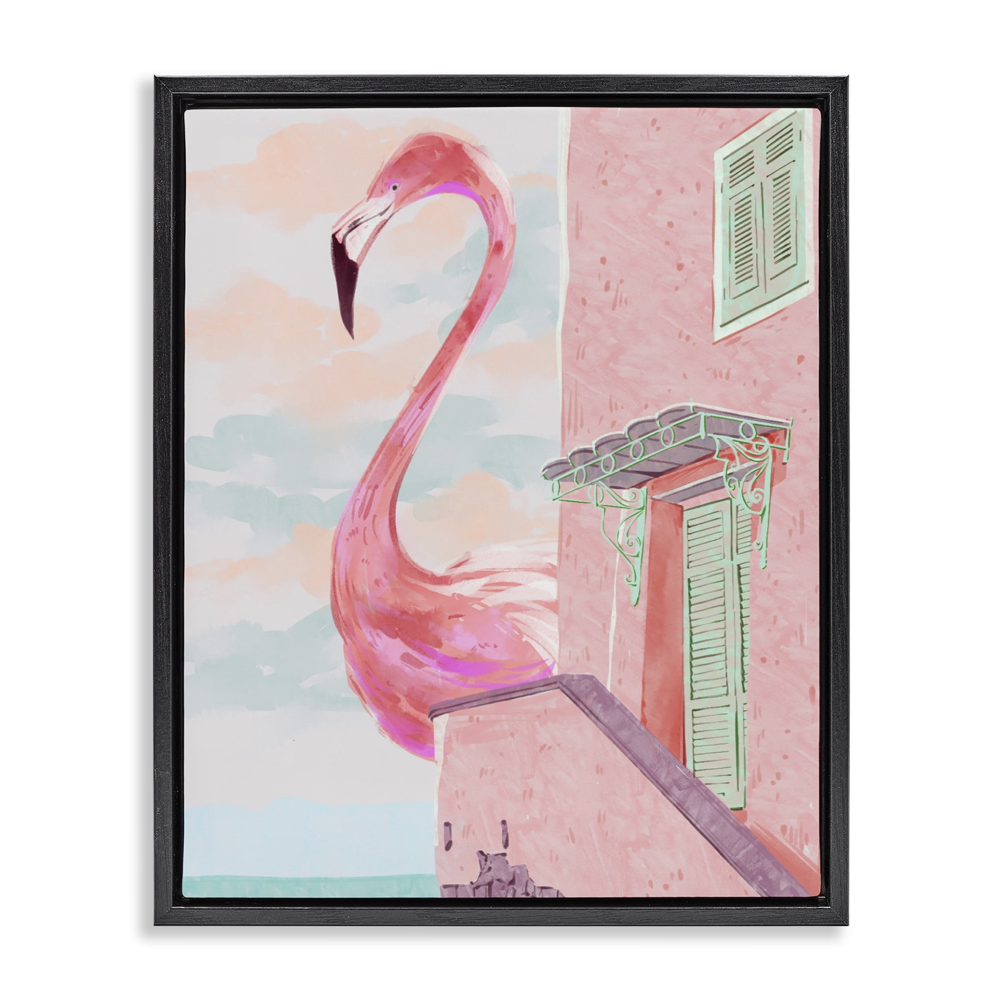 Stupell Industries Giant Flamingo with Seaside Balcony Black Framed Floater Canvas Wall Art, design by Ziwei Li