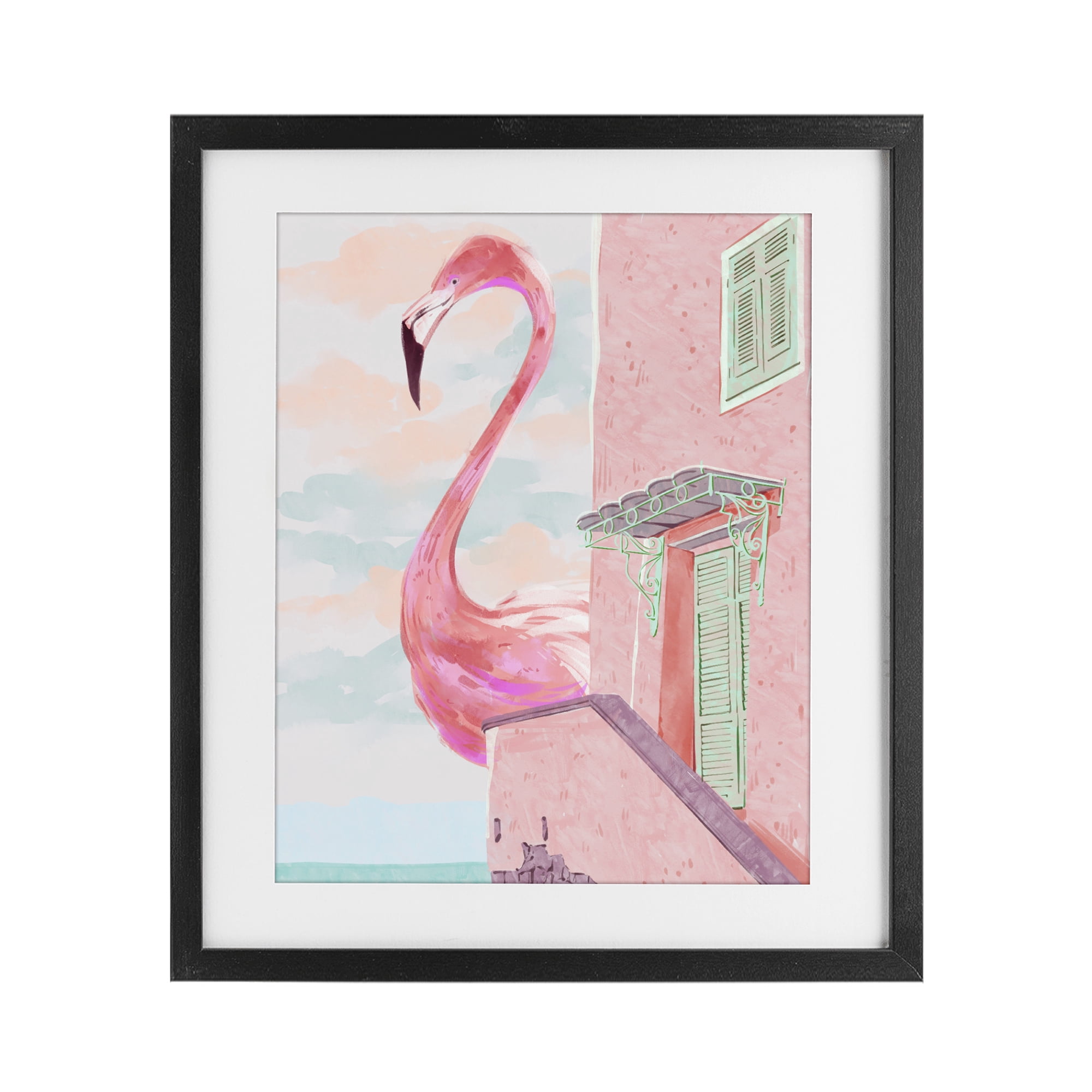 Stupell Industries Giant Flamingo with Seaside Balcony Black Framed Print Under Glass, design by Ziwei Li