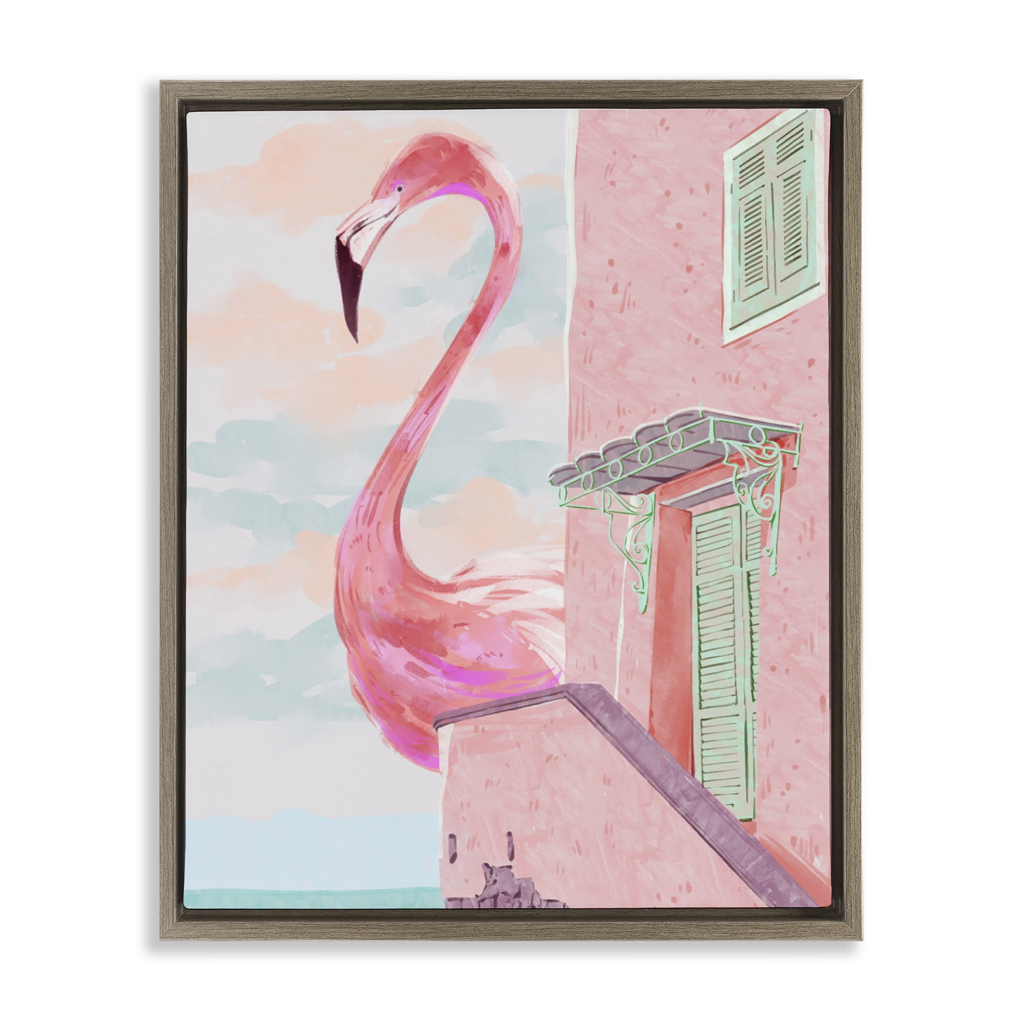 Stupell Industries Giant Flamingo with Seaside Balcony Brown Framed Floater Canvas Wall Art, design by Ziwei Li