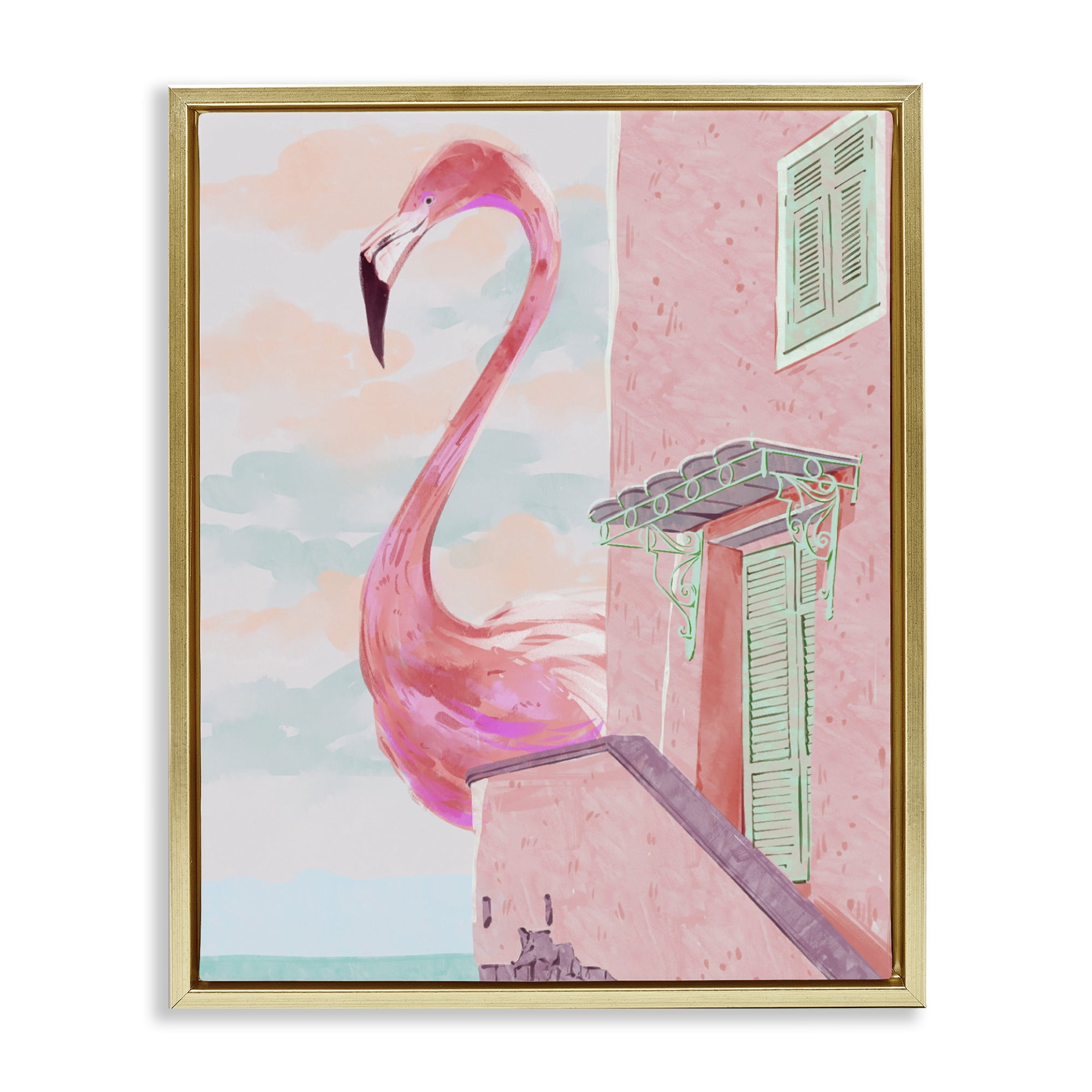 Stupell Industries Giant Flamingo with Seaside Balcony Gold Framed Floater Canvas Wall Art, design by Ziwei Li