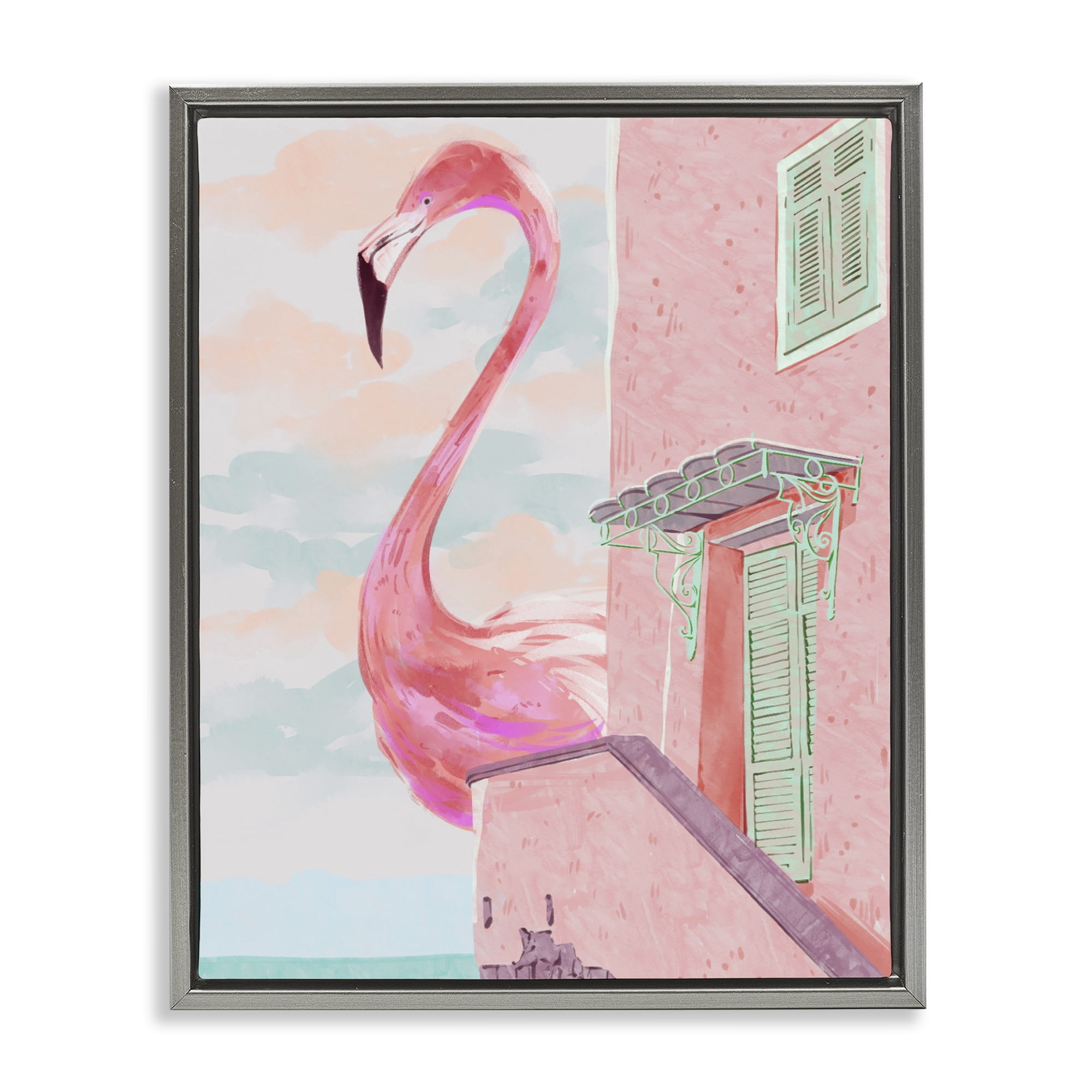 Stupell Industries Giant Flamingo with Seaside Balcony Gray Framed Floater Canvas Wall Art, design by Ziwei Li