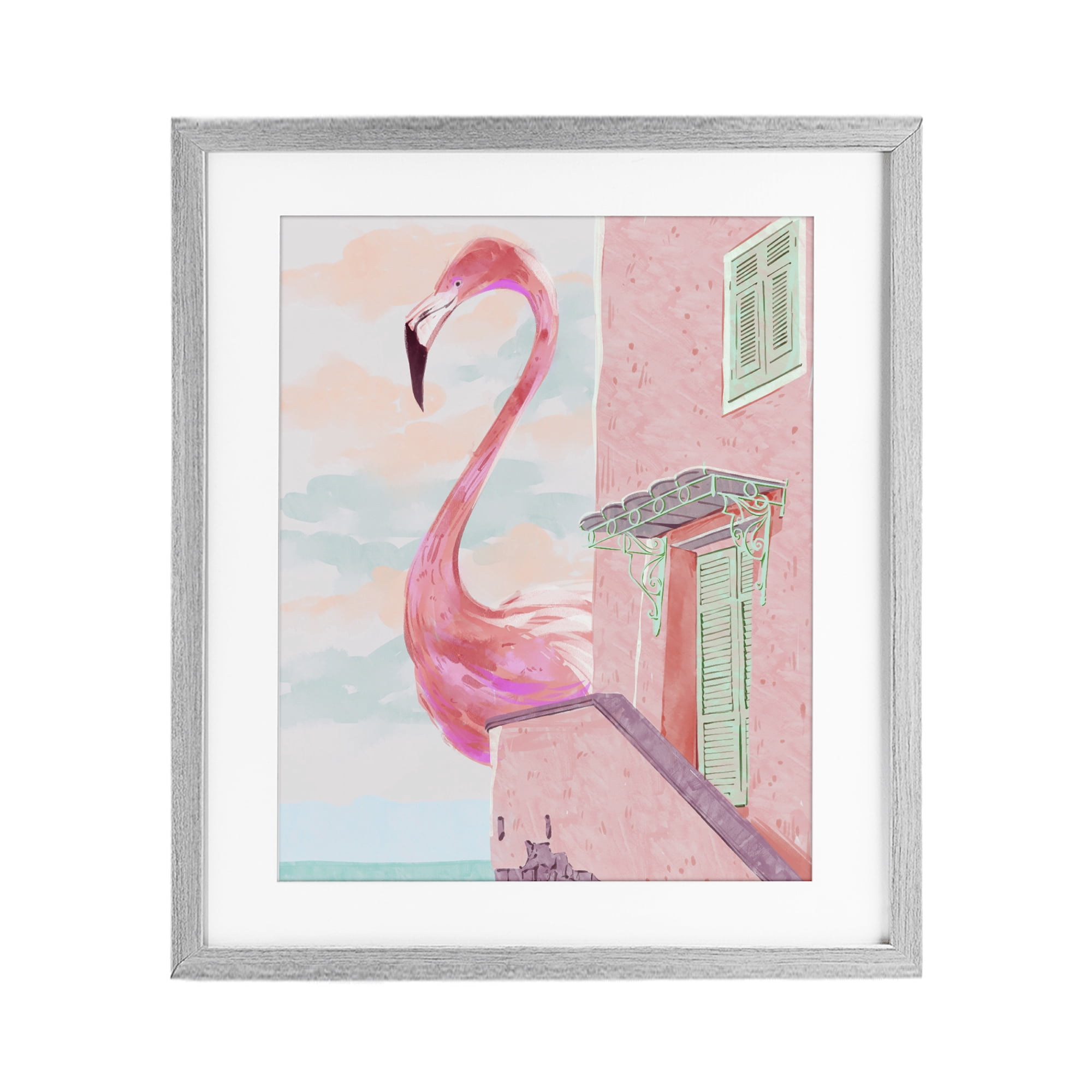 Stupell Industries Giant Flamingo with Seaside Balcony Gray Framed Print Under Glass, design by Ziwei Li