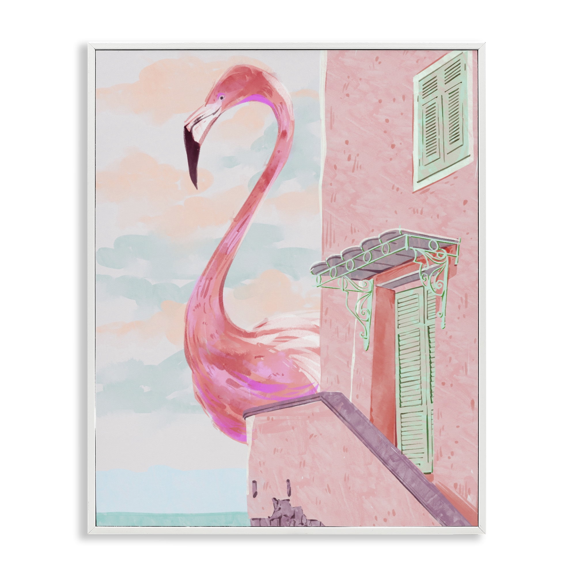 Stupell Industries Giant Flamingo with Seaside Balcony White Framed Giclee Art, design by Ziwei Li