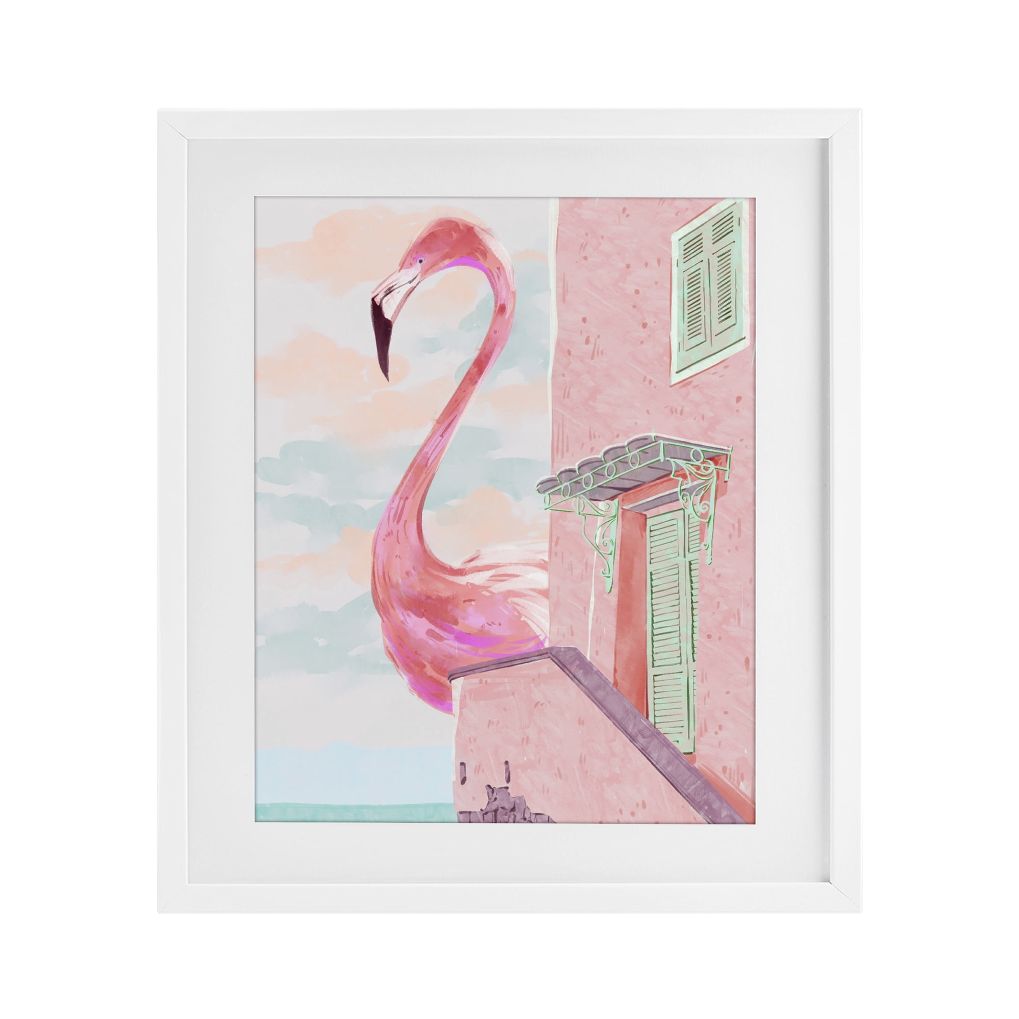 Stupell Industries Giant Flamingo with Seaside Balcony White Framed Print Under Glass, design by Ziwei Li