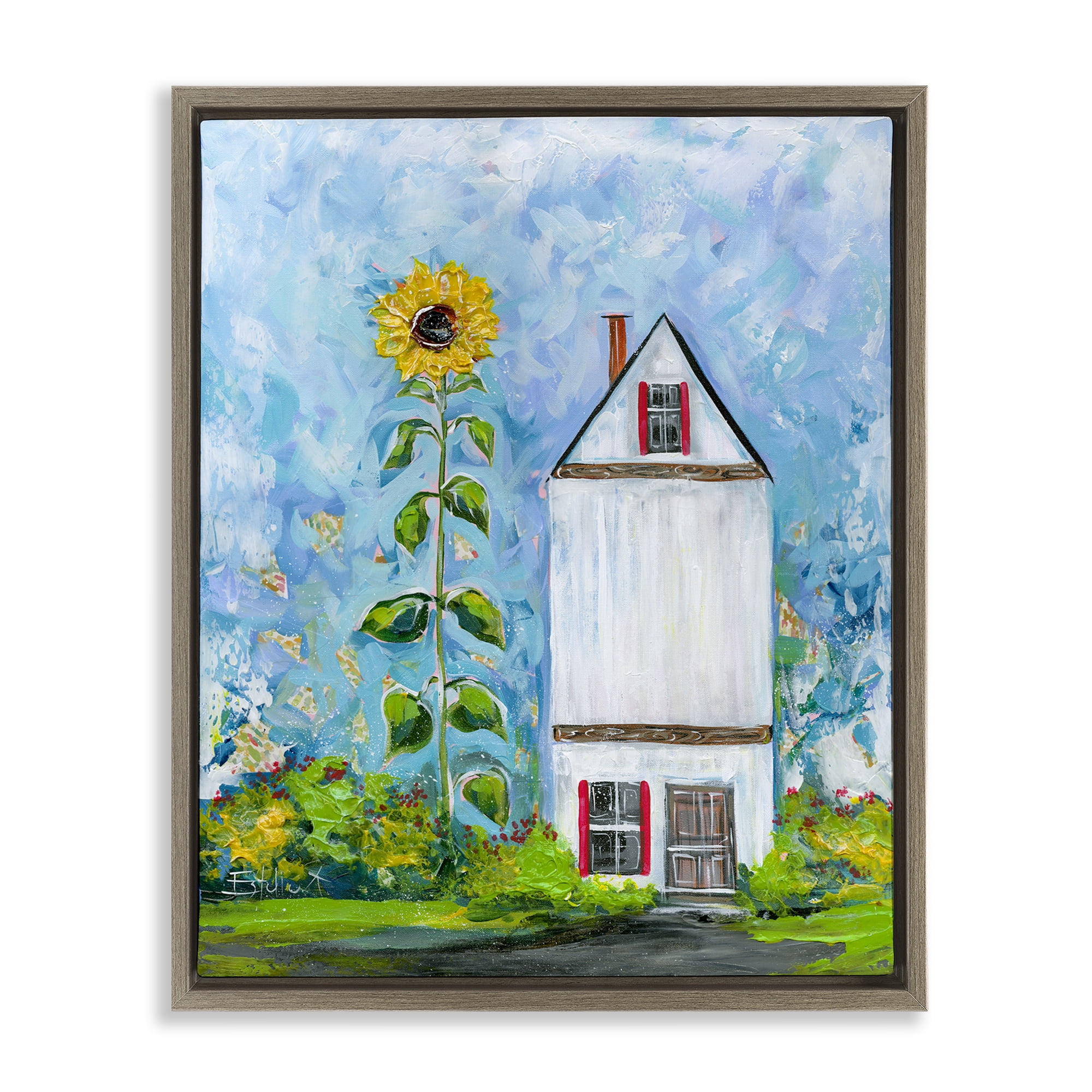 Stupell Industries Giant Sunflower & House Landscape & Nature Painting Brown Floater Framed Canvas Art Print Wall Art, 17 x 21