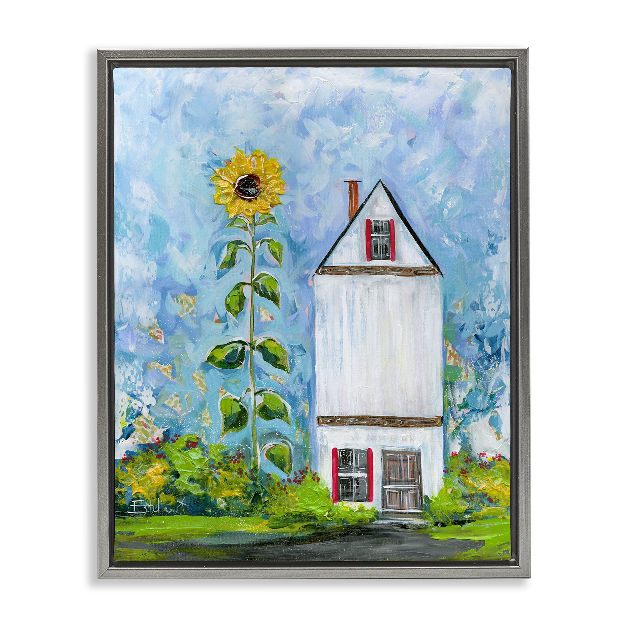 Stupell Industries Giant Sunflower & House Landscape & Nature Painting Gray Floater Framed Canvas Art Print Wall Art, 17 x 21
