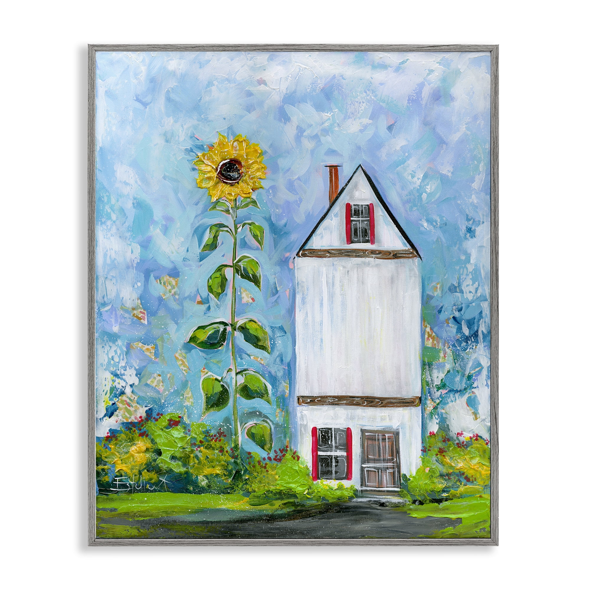 Stupell Industries Giant Sunflower & House Landscape & Nature Painting Gray Framed Art Print Wall Art, 16 x 20