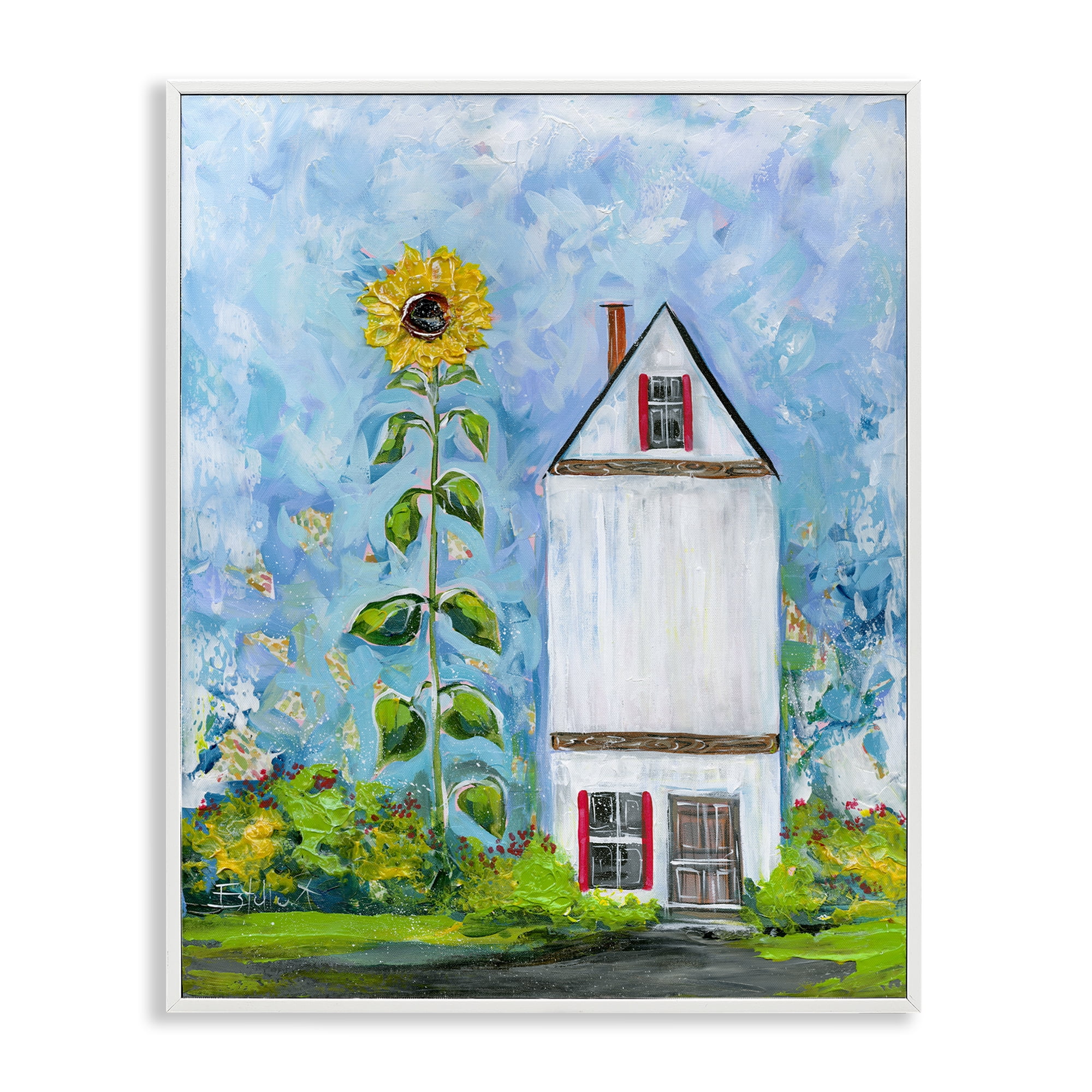 Stupell Industries Giant Sunflower & House Landscape & Nature Painting White Framed Art Print Wall Art, 11 x 14