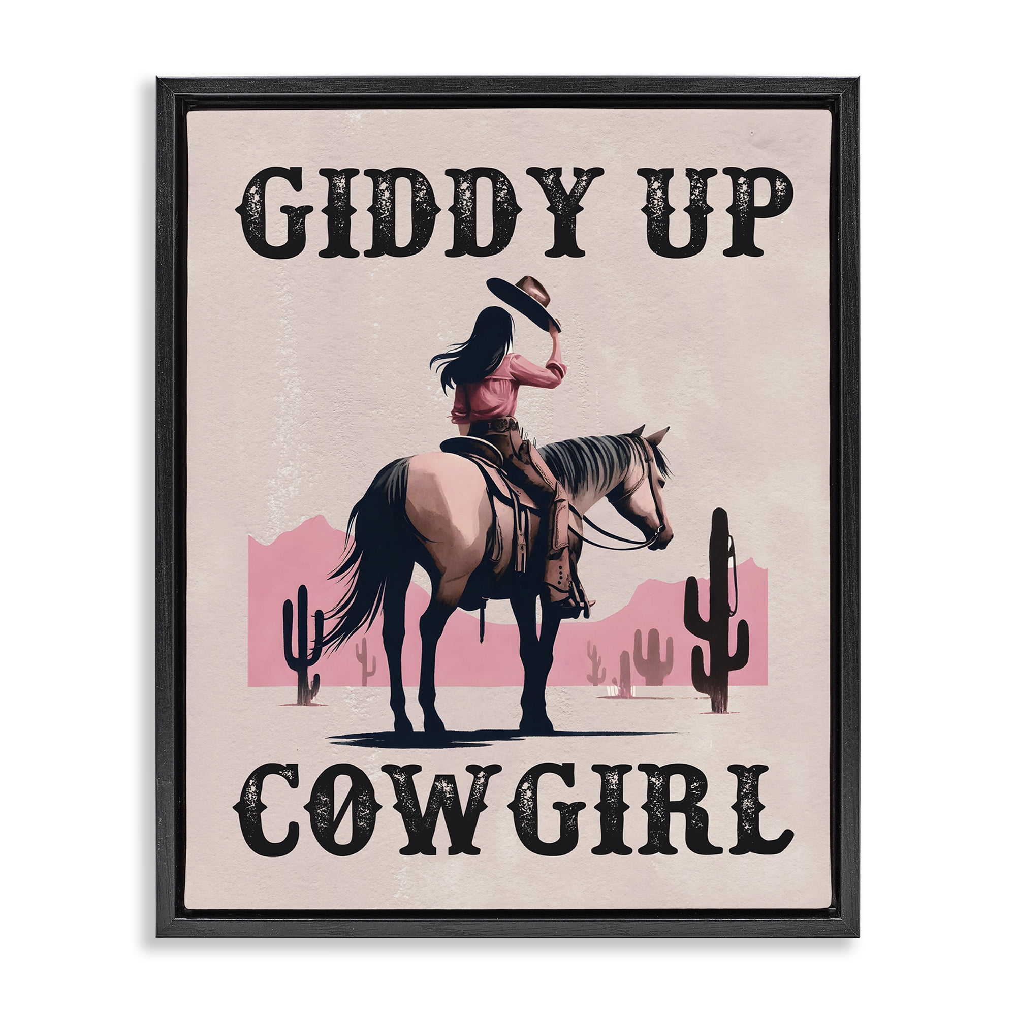 Stupell Industries Giddy Up Brunette Cowgirl People Painting Black Floater Framed Canvas Art Print Wall Art, 25 x 31