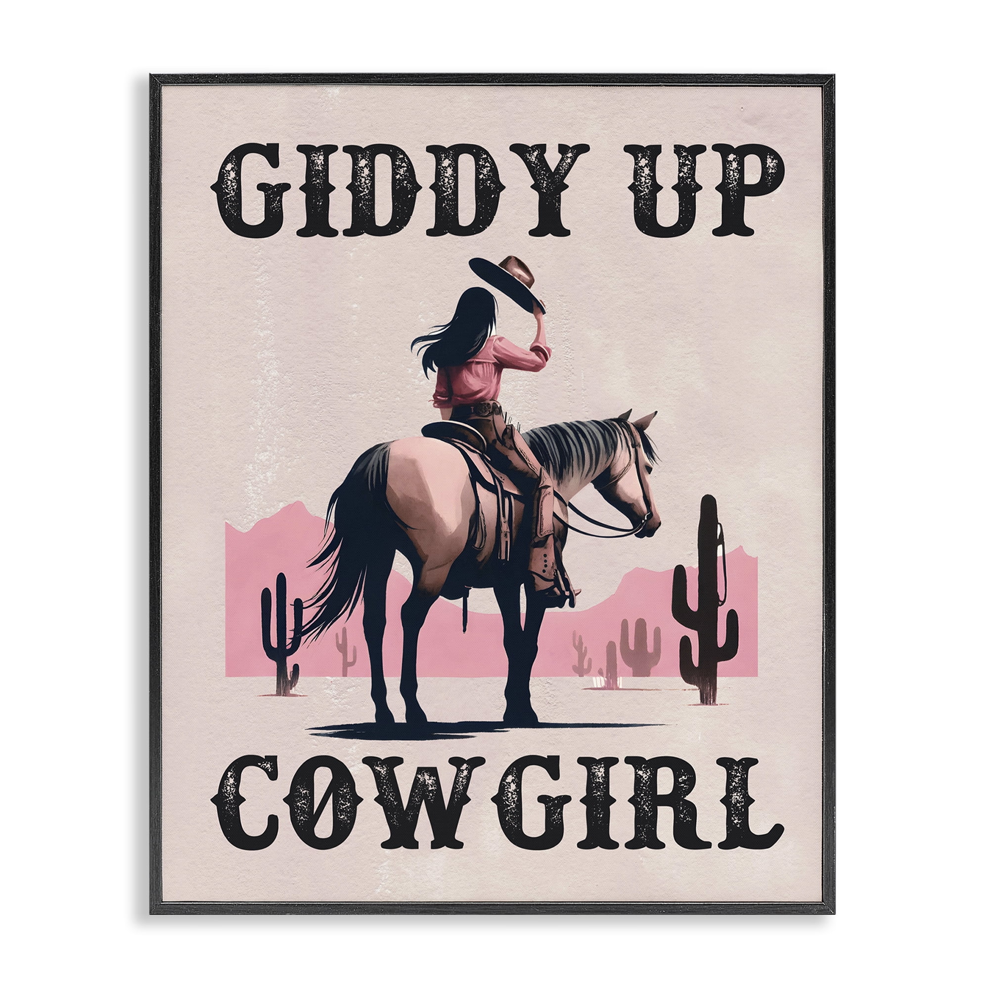 Stupell Industries Giddy Up Brunette Cowgirl People Painting Black Framed Art Print Wall Art, 24 x 30